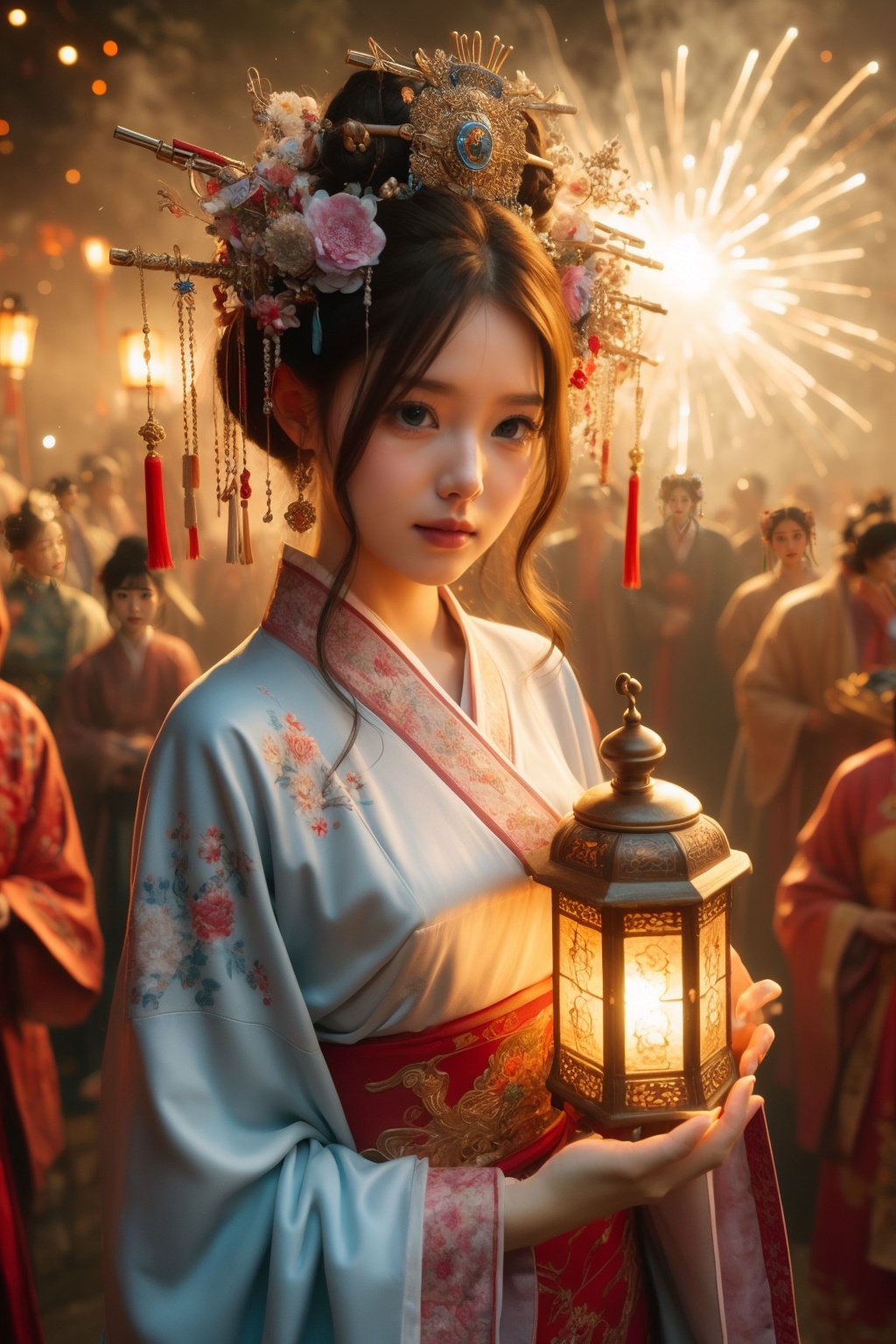arafed woman in a kimono dress holding a lantern in front of a group of people, beautiful fantasy art portrait, **cinematic, chinese costume, she has a crown of dried flowers, atmospheric lighting - n 9, cuteness, amazing professional picture, hair ornaments, portrait image<lora:嫣月楼3:0.85>