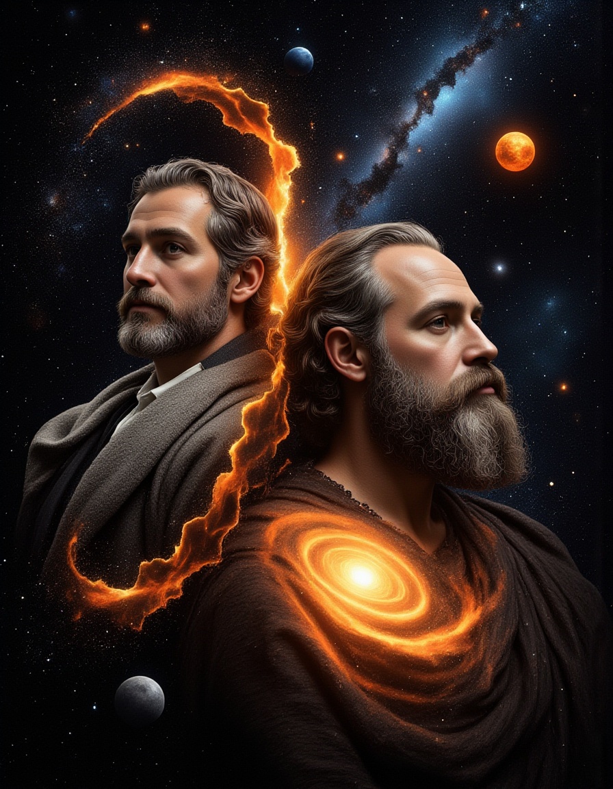 F1AlistdBolatu,A cosmic portrait of two historical figures,set against a backdrop that merges classical art with modern astronomy.,<lora:FLUX.阿里斯多德＆柏拉图F1AlistdBolatu:1.1>,