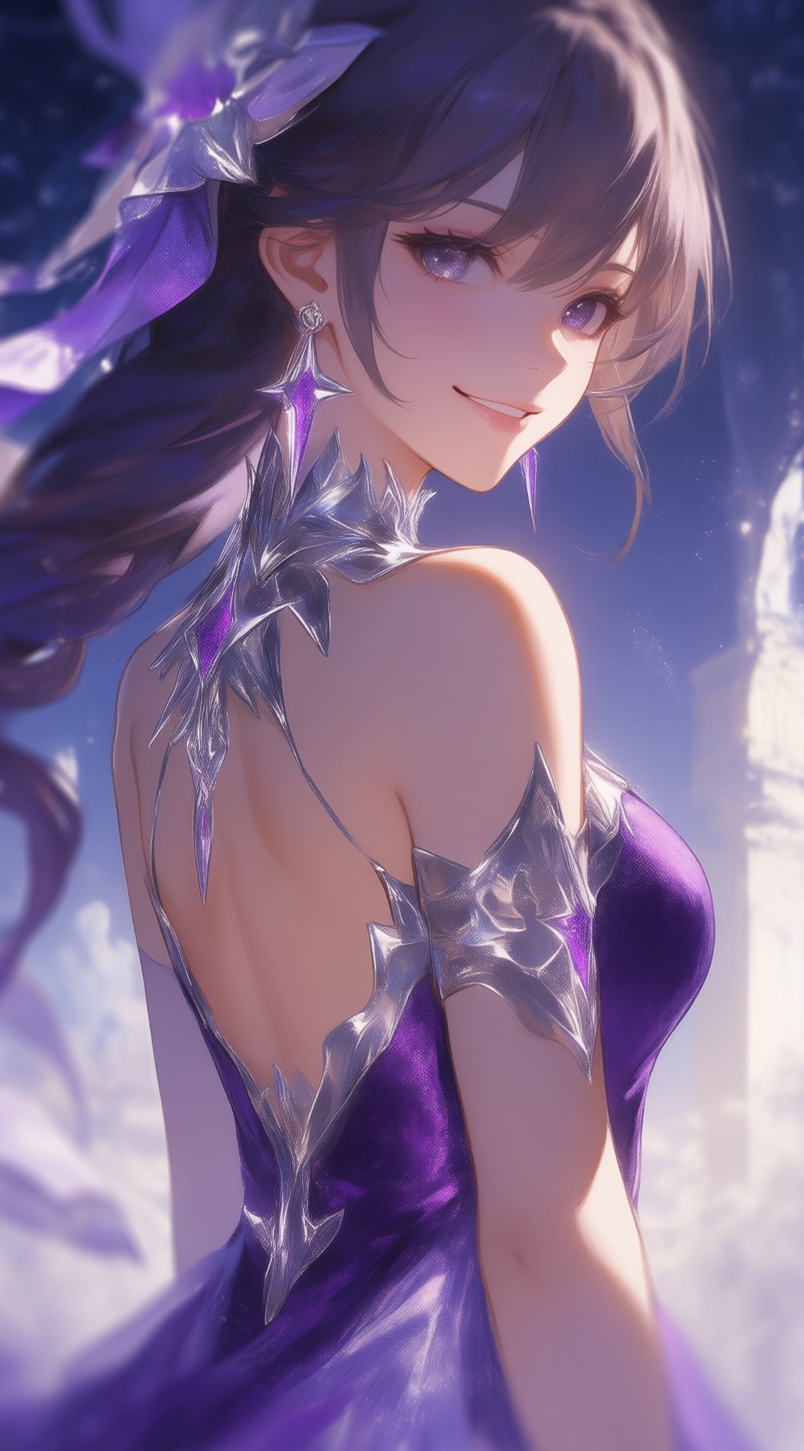 This is a digital illustration,, XURE Chrome plated material,metallic luster,Detail enhancement,Nai3 style,kafka \(honkai: star rail\),The Kafka in "Honkai: Star Rail," wearing a purple evening dress,adorned with jewelry,has purple eyes and purple hair,wearing earrings,a girl,the image has a blur effect,showing shoulders,smiling,wearing a backless dress,wearing rings,it is a set of backup costumes,the background is a dreamy scene,this is a masterpiece,top quality,best quality,extremely detailed,reaching the highest level of detail... (artist: Kuasakake, weight 0.8),ultimate aesthetics,(wlop, weight 0.6),(Honcho Haruta, Raku, Reira, Wanke, weight 0.5),masterpiece,best quality,good quality,latest,2024,2023,very beautiful,with a sense of absurdity,impactful,a tense shot,absurdres,32K ultra HD,sharp focus,best quality,masterpiece,full of emotion,an unconventional top masterpiece,delicate details,gentle atmosphere,with high-end texture,using fashion photography style,(visual impact, weight 1.2),giving the poster a dynamic and highly impactful look,a highly infectious image,official artwork,rich colors,color splash effect,cinematic perspective,masterpiece,best quality,amazing quality,very beautiful,with a sense of absurdity,best quality,latest.,, Negative prompt: ng_deepnegative_v1_75t,(badhandv4:1.2),EasyNegative,(worst quality:2),,nsfw, Steps: 30, Sampler: Euler, CFG scale: 4.0, Seed: 1729717883, Size: 1142x2048, Model hash: 98763a1277, Model: Qwen-Image_1.0.safetensors, Denoising strength: 0, RNG: CPU, Lora 1: ZOZ_情绪插画04, Lora Hash 1: e826ccab9b, Lora Weight 1: 0.8, vae_name: automatic