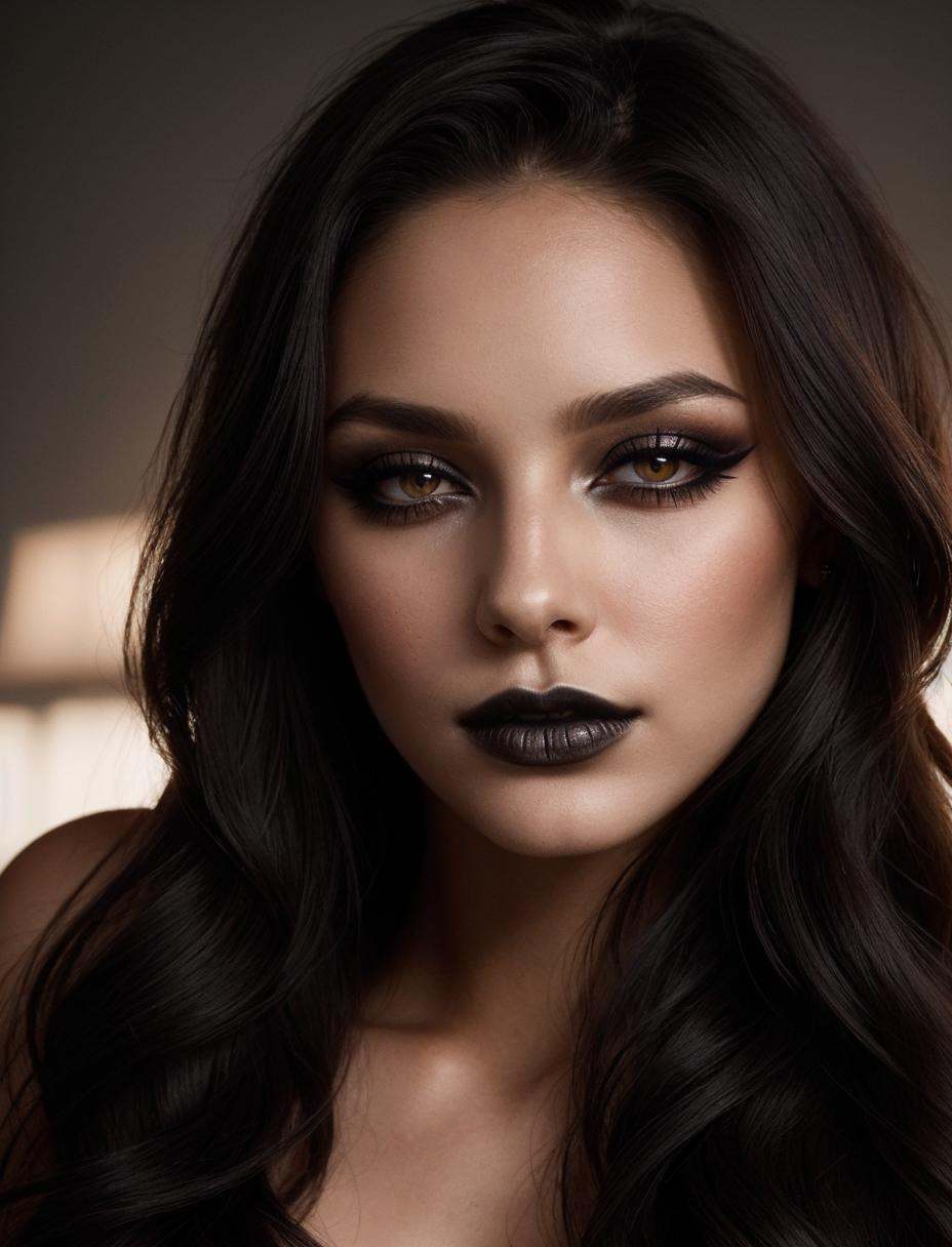 cinematic film still Hyper Detailed,  soft-lit head and shoulders portrait of a stunning lady. Her face adorned ,  that ef...