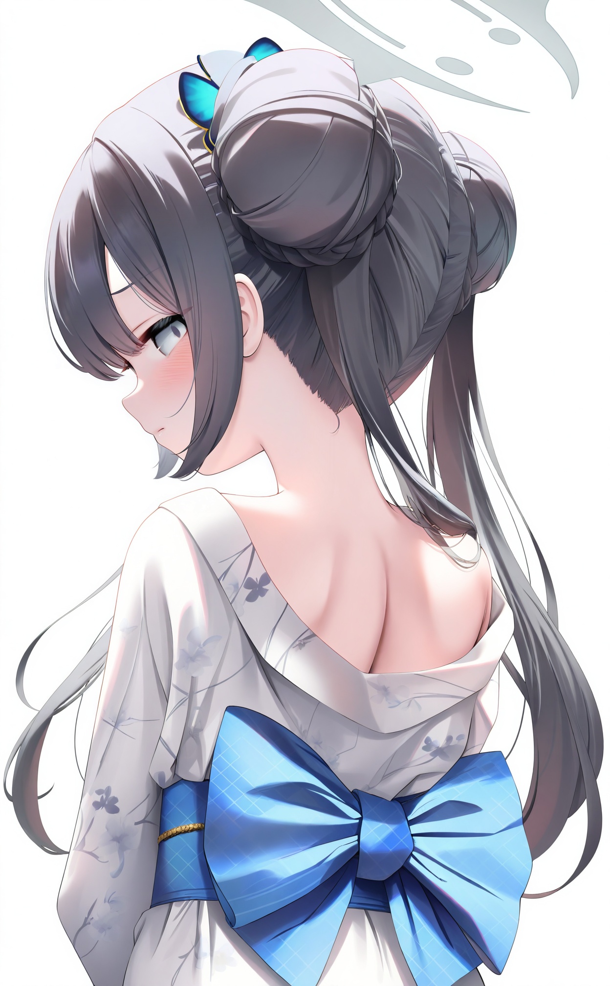 masterpiece,absurdres,best quality,high quality,chromatic_aberration,//,1girl,halo,solo,butterfly hair ornament,japanese clothes,black hair,hair bun,white kimono,kisaki (blue archive),hair ornament,grey eyes,kimono,looking at viewer,simple background,double bun,grey halo,white background,looking back,twintails,long hair,upper body,braid,braided bun,from behind,closed mouth,sash,obi,nape,back bow,long sleeves,//,//,<lora:鬼针草—【CKXL】hans:1>,