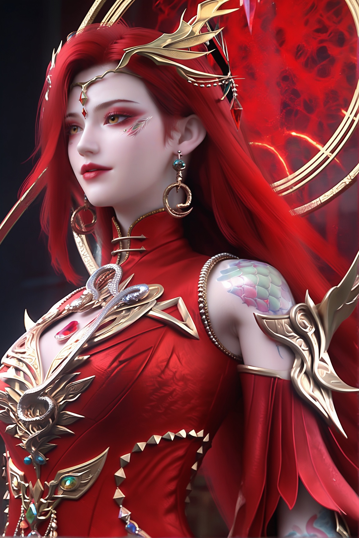 score_9,score_8_up,score_7_up,<lora:wy_xueyaonvwang_XL7.0:0.8>,1girl,earrings,jewelry,red hair,solo,red dress,tattoo,long hair,breasts,dress,upper body,colored skin,hair ornament,clothing cutout,detached sleeves,teeth,pale skin,yellow eyes,