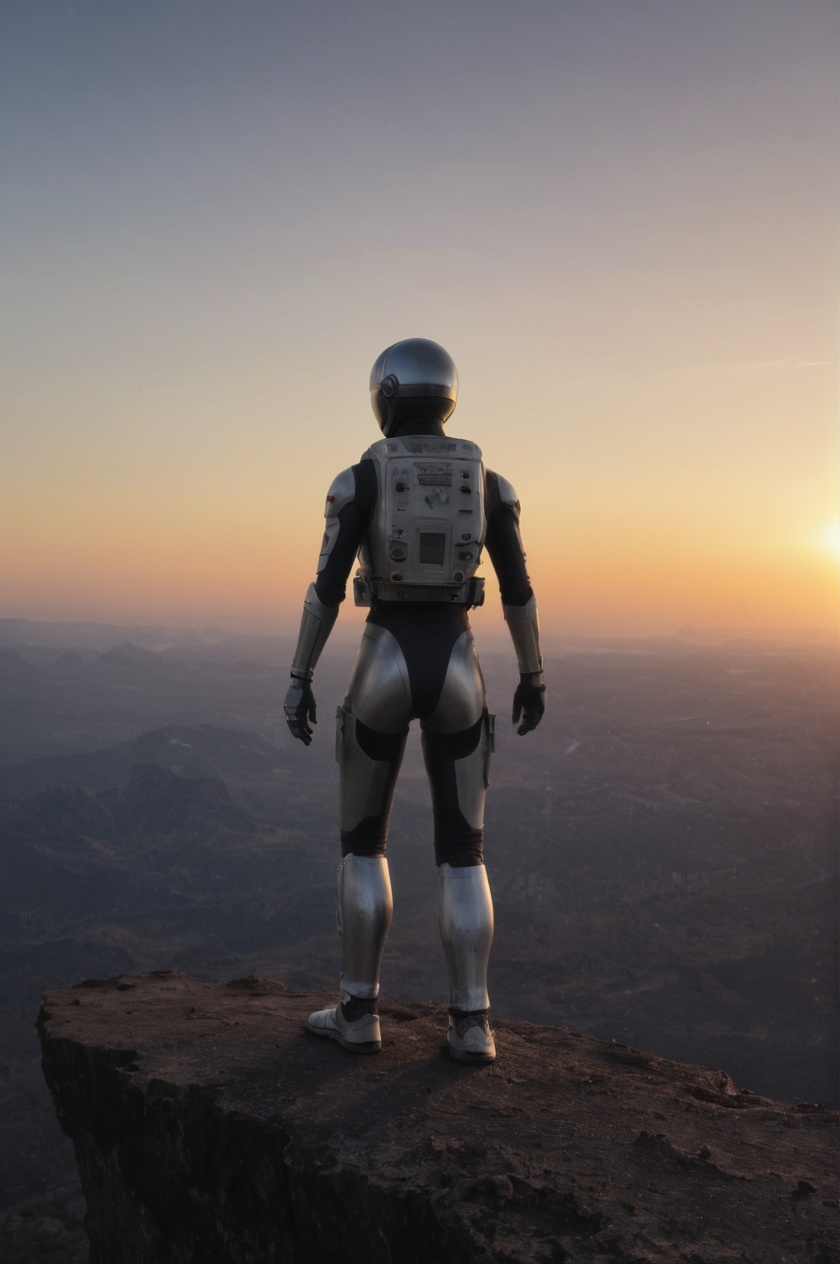 woman in metallic gunmetal spacesuit standing on cliff edge of lunar surface gazing at spaceport in background on the luna...