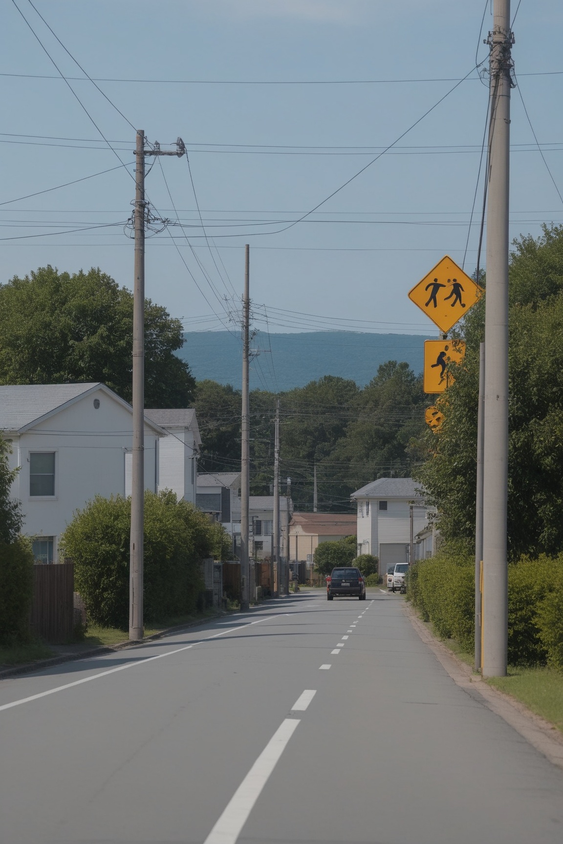 <lora:Anchestreet-V1:0.7>,anchestreet,no humans,outdoors,scenery,road,power lines,sky,sign,utility pole,road sign,day,