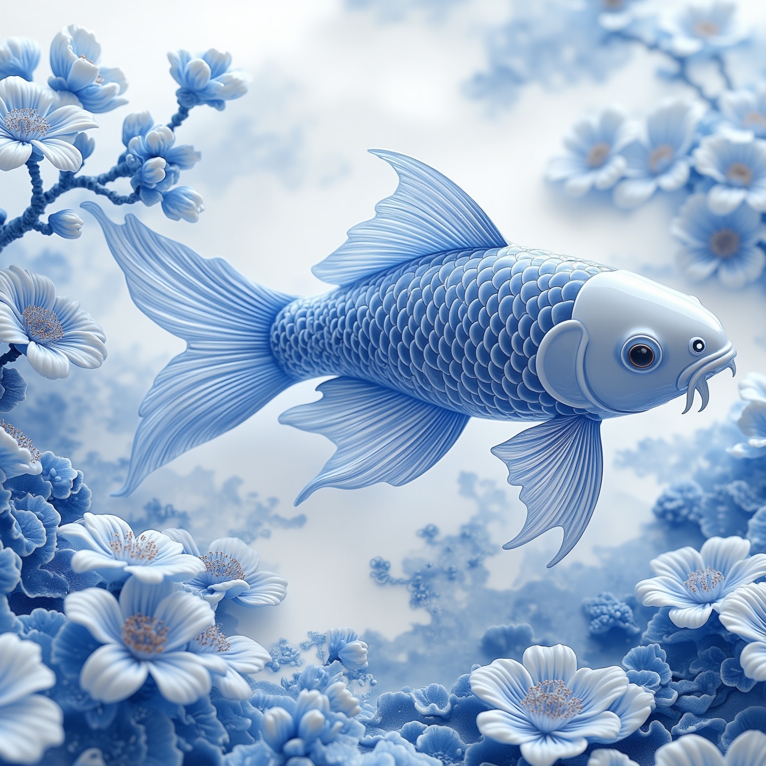 <lora:YY青花瓷F.1:1>,blue and white porcelain style,The illustration is highly detailed and realistic,with a smooth,glossy texture,a koi fish in a serene aquatic environment. The koi fish is the central subject, positioned slightly to the right, facing the viewer. It is a vibrant blue, with intricate scales that shimmer and reflect light, giving it a glossy appearance. The fish's eyes are large and round, with a gentle expression, and its mouth is slightly open, revealing its sharp teeth. The background features a soft, ethereal blue, with delicate petals of flowers and foliage, creating a dreamy, otherworldly atmosphere. The petals are rendered with fine, detailed brushstrokes, adding a sense of texture and depth to the scene. The flowers and plant life surrounding the koi are also in soft, pastel shades of blue and white, enhancing the tranquil and peaceful mood.