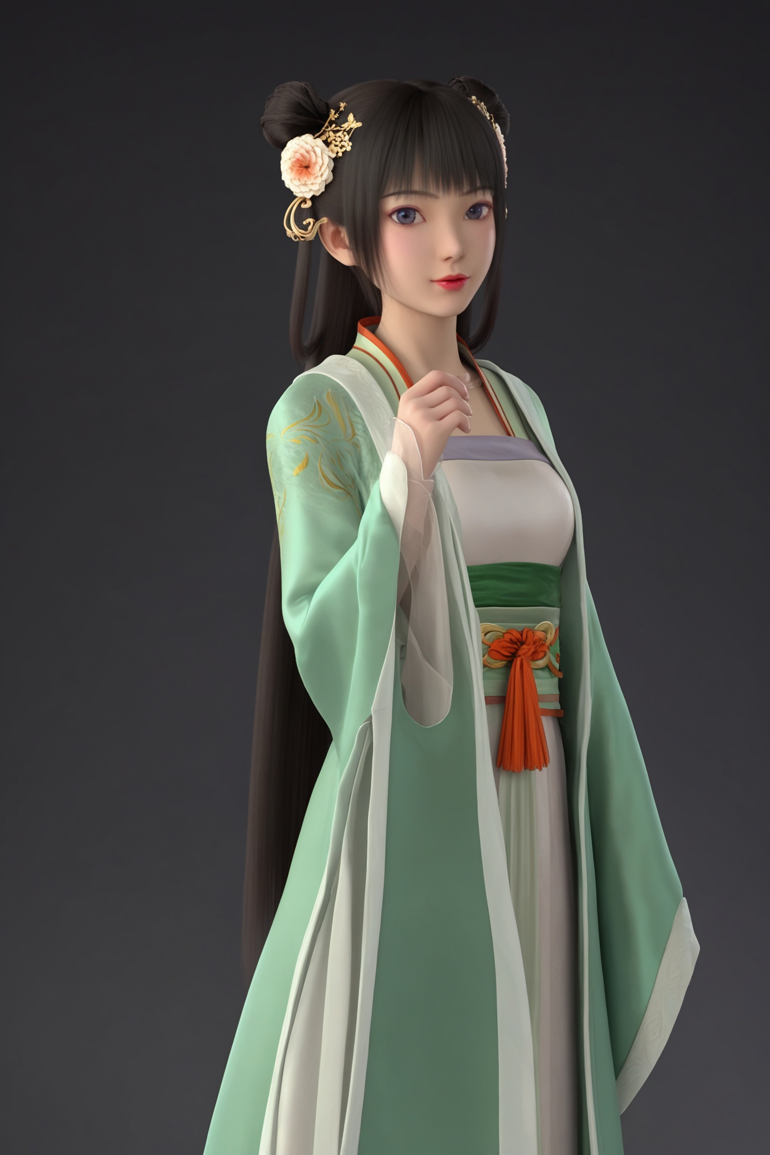 black background,standing,looking at viewer,<lora:风起洛阳-李莹Pony:0.7>,1girl,two high buns,floral hairpins,long,black hair,traditional Chinese dress,flowing,pale green robe,embroidery,long sleeves,orange sash,