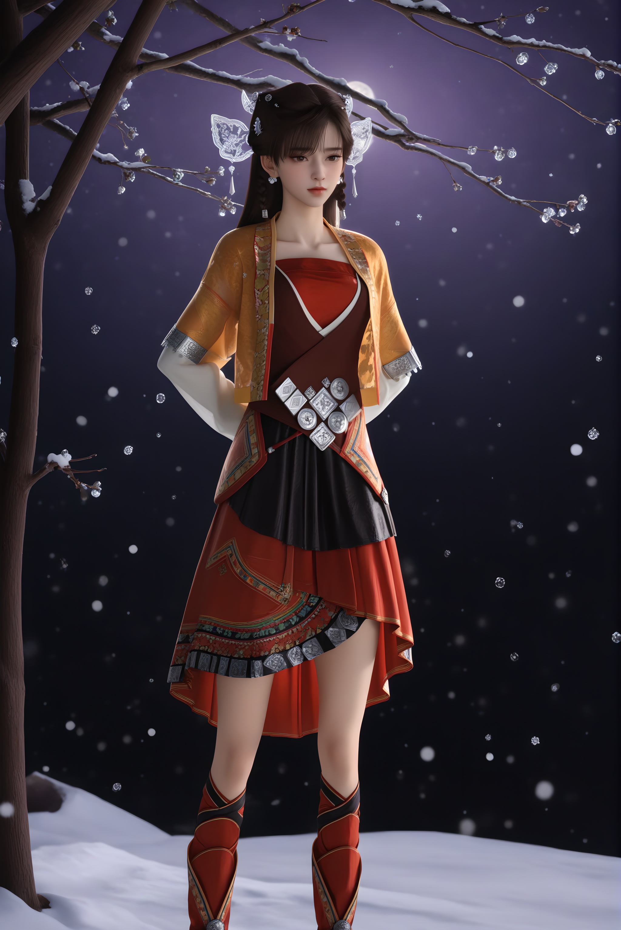 masterpiece,best quality,absurdres,highres,<lora:雪见-ill:0.85>,1girl,solo,dangling tassels,filigree design,butterfly-shaped hairpiece,silver hairpins,hair ornament,dark brown hair,pearl beads,pearl earrings,twin braids,long hair,light blush,layered_dress,short jacket,red tube top,puffed sleeves,white inner sleeves,waist belt,embroidered cuffs,red skirt,traditional chinese footwear,standing,(pleated skirt),XueJian,black skirt,red long_skirt,black short_skirt,collarbone,thighs,full body,(arms_behind_back),front view,BREAK(white_skin:1.1),(fair_skin:1.1),realistic,twig,branch,falling petals,snow,snowing,snowflakes,simple background,black background,rim light,Volumetric Lighting,lens flare,Tyndall effect,depth of field,bokeh,sparkle,moon,star \(sky\),purple sky,