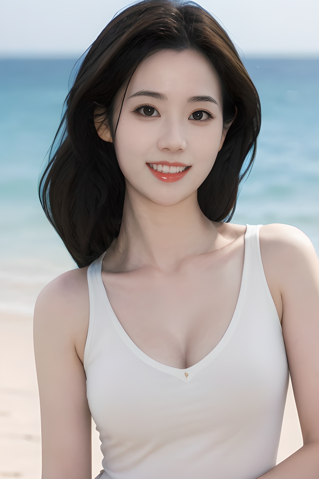 <lora:0827_04:0.7>simple background, 1girl,flower,brown hair,realistic,looking at viewer,hair flower,outdoors,sleeveless,hair ornament,shirt,breasts,smile,day,beach,solo,sleeveless shirt,masterpiece,best quality,picture-perfect face,ultra realistic 8k cg,(cleavage:1.2),, 1girl,realistic,masterpiece, best quality, photorealistic, HDR,detail