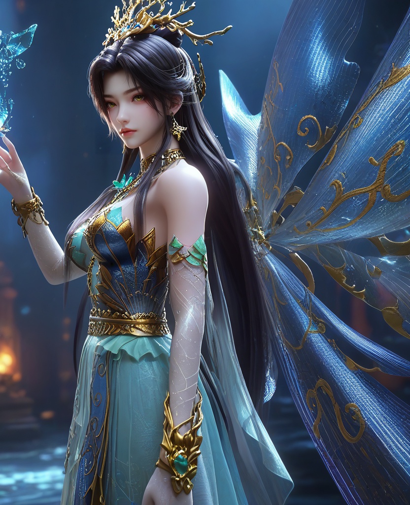 (oriental architecture, elegant decor, sophisticated style:1.1),(Hands pressed against the wall, knees slightly bent, hips thrust back invitingly, she embodies the raw animalistic nature of lust that drives us all to seek out new heights of pleasure:1.1),lower body,(large breasts:1.2),shoes,<lora:XL16云深不知梦羲和罄水珠:0.95>,miss xihe,blue corset tiered gown,mole under left eye,black hair,traditional chinese updo with long front strands,absurdly long hair,hair ornament,jewelry,elbow gloves,fairy wings,bracelet,bare shoulders,, score_9,score_8_up,score_7_up,score_6_up,score_5_up,score_4_up,3d rendering,tag1,tag2, Cinematic Lighting,backlighting,