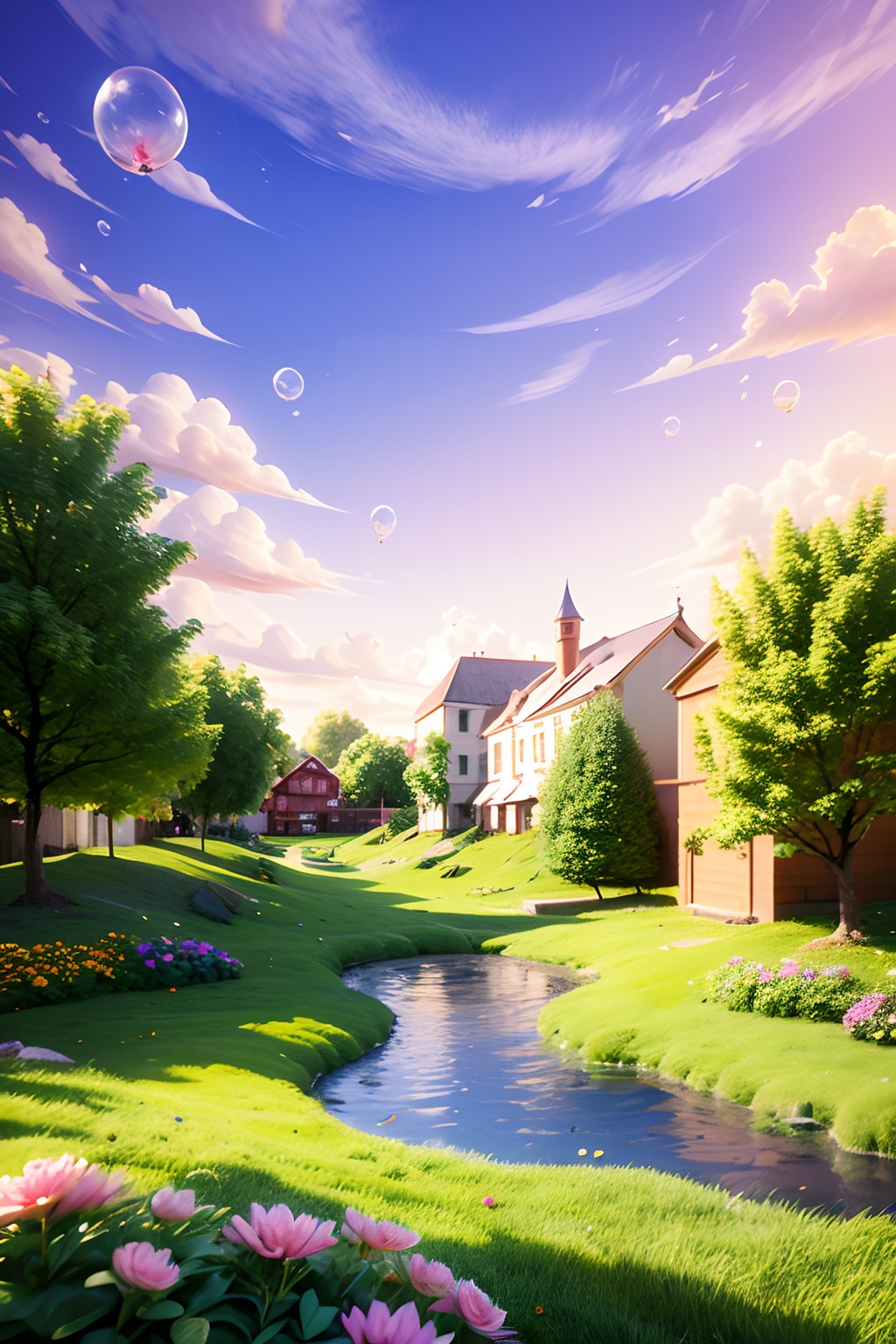 amazing,\(best quality:1.2\),Best quality,still life,3d scene,flower,outdoors,sky,cloud,water,tree,no humans,scenery,pink flower,bubble,field,purple sky,