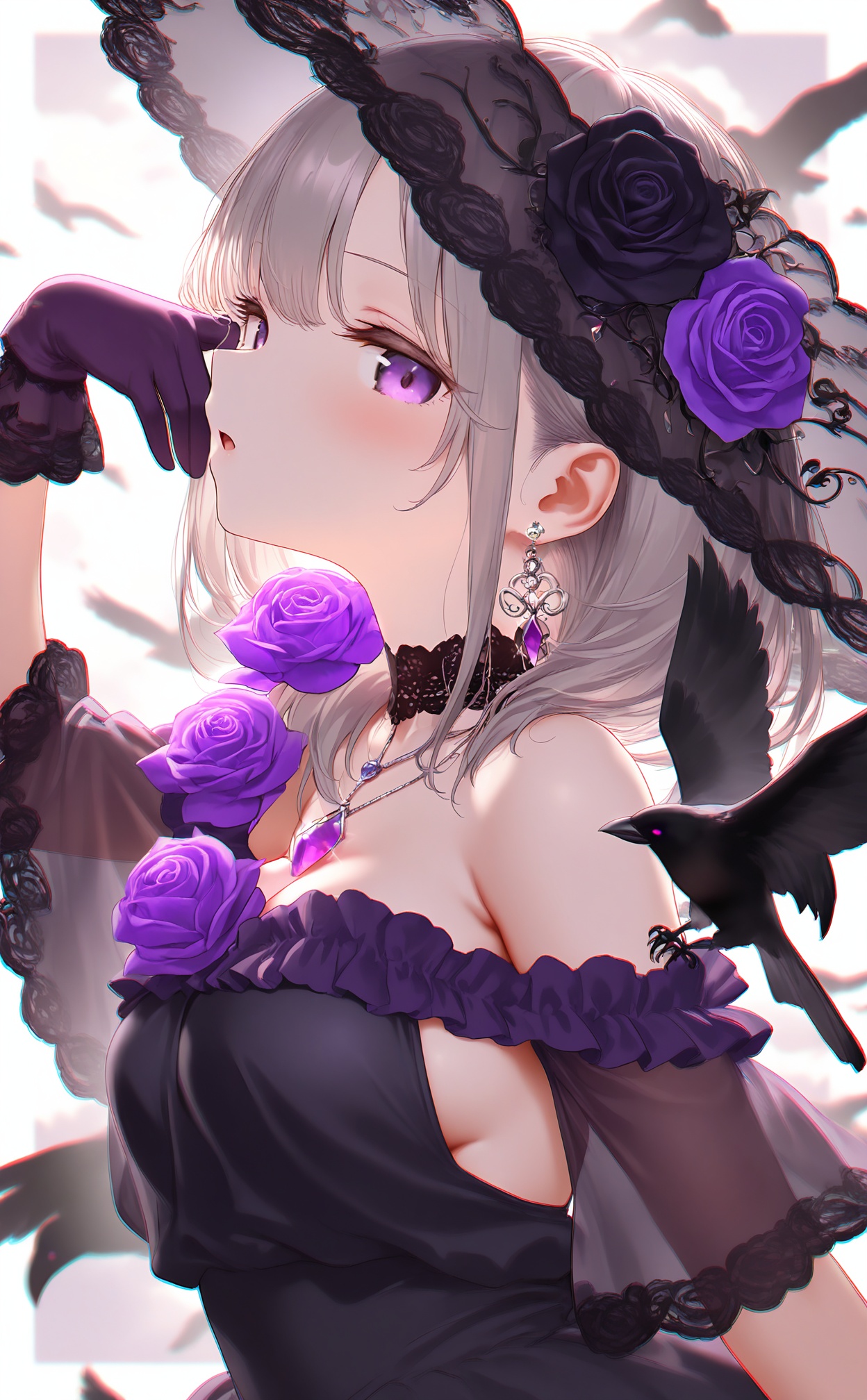 masterpiece,absurdres,best quality,high quality,chromatic_aberration,loli,petite,//,1girl,gloves,bird,hair ornament,hair flower,breasts,crow,jewelry,flower,earrings,purple eyes,solo,gem,upper body,looking at viewer,grey hair,rose,dress,bare shoulders,frills,necklace,purple gemstone,black flower,purple flower,black gloves,open mouth,glint,purple gloves,purple rose,hand up,black dress,medium hair,off shoulder,large breasts,//,<lora:nyalia22——【noob】hans:1>,