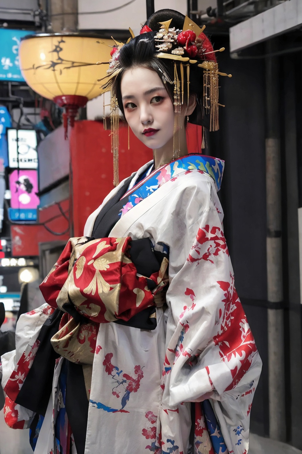 (wsoiran:1.1),1girl,oiran,headpiece,ornate,kimono,hairpin hairpin,hyogo north,oversized clothes,dignified,facing viewer,absurdres,foral_background,(cyberpunk:1.4),
