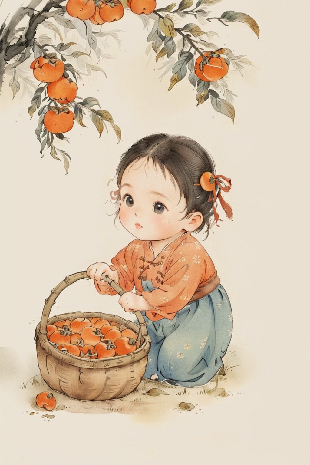 guofeng,a lovely little girl,bamboo pole,persimmon tree,Basket,Persimmon