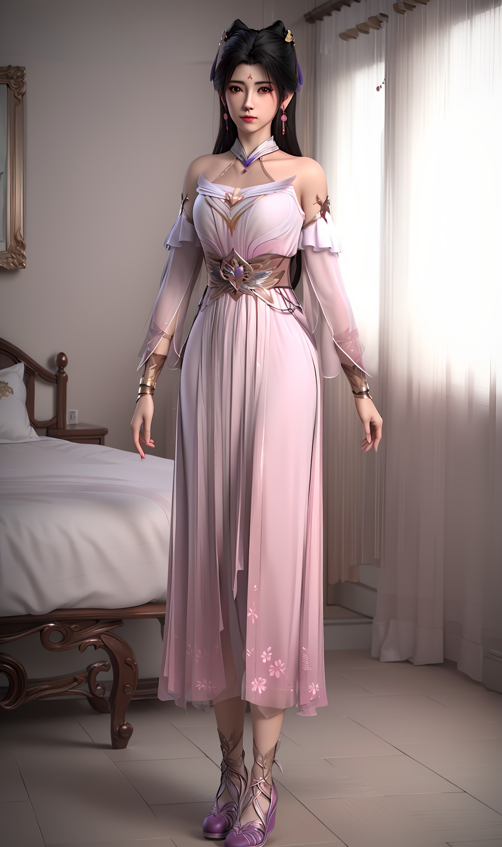 3D,masterpiece,(best quality),(makeup),official art, extremely detailed cg 8k wallpaper,((crystalstexture skin)), (extremely delicate and beautiful),(highly detailed),(face),(collar),(long_sleeves),(1girl), (solo), (jewelry), (earrings),(black_hair),(long_hair),(hair_ornament),(handwear),(breasts),(standing),((full_body,whole_body)),(long_legs),(dress),(closed_mouth),(off-shoulder_dress),(long_skirt),,(chinese_clothes),(multicolored_clothes),(multicolored_dress),(shiny_clothes),(bare_shoulders),(city,indoor,bed),(wristband),,(short),(sash),((looking_at_viewer)),((Facing the camera)),(sandals), (shoes),(high_heel), , <lora:hipoly3DModelLora_v10:0.3>