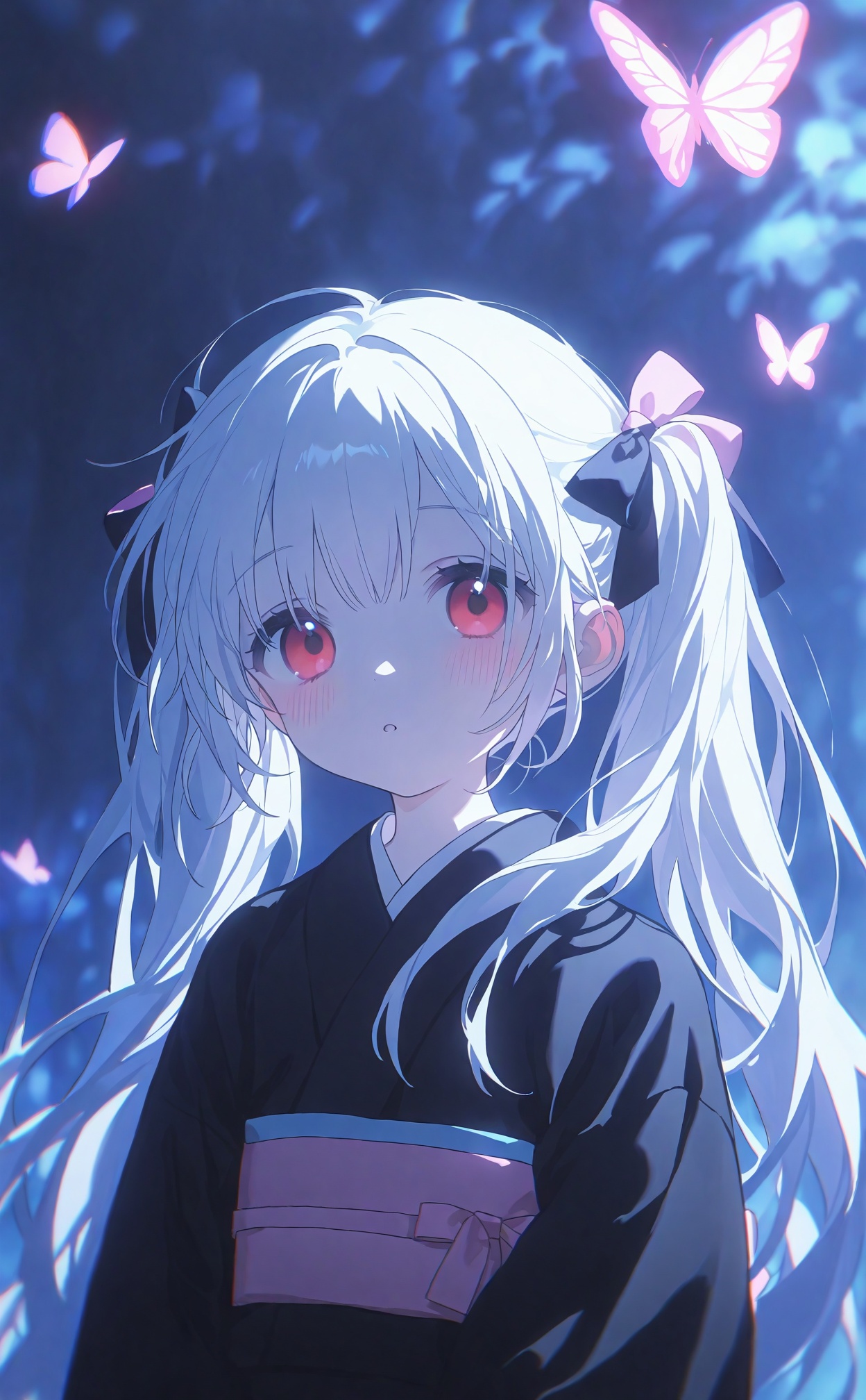 masterpiece,best quality,high quality,loli,chromatic_aberration,Blue Theme,artist:konya_karasue,//,loli,konya,1girl,solo,long hair,looking at viewer,blush,bangs,red eyes,long sleeves,bow,twintails,very long hair,upper body,white hair,hair bow,parted lips,japanese clothes,kimono,blurry,:o,black dress,black bow,floating hair,depth of field,animal,bug,pink bow,butterfly,black kimono,<lora:cyan 1024 3-000027:0.5>,