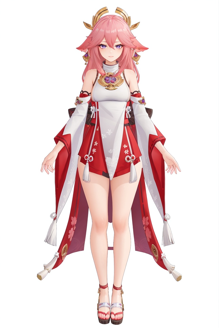 8k,best quality,masterpiece,(ultra-detailed),(high detailed skin),(by nanoless, by misumi \(macaroni\),:0.5),A full-body portrait of a young girl,standing gracefully,pastel art style,high-key lighting,shoujo manga influence,hd quality,delicate details,full body,full shot,standing,looking at viewer,(solo:1.2),simple background,(white background:1.2),<lora:mdshenzi-sd-Tanger:0.8>,Yae Miko,Yae Miko \(genshin impact\),clothes: shenzi def japanese clothes,1girl,detached sleeves,purple eyes,pink hair,hair between eyes,long hair,sidelocks,jewelry,wide sleeves,nontraditional miko,animal ears,bangs,earrings,
