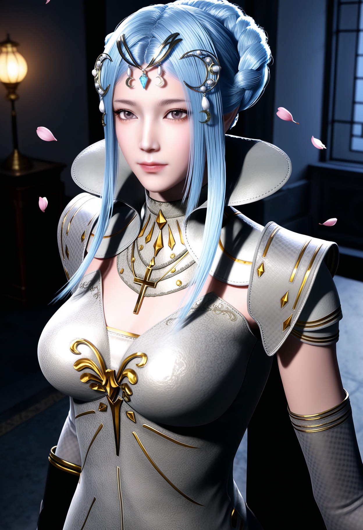 masterpiece,best quality,amazing quality,high resolution,ultra-detailed,absurdres,(looking at viewer:1.1),upper body,(Dark room:1.3),(moody lighting:1.1),peach blossom,falling petals BREAK large breasts,tangyuehua,1girl,solo,light blue hair,hair ornament,hair bun,dress,sidelocks,braid,elbow gloves,realistic,brown eyes,high collar,necklace,detached sleeves,golden cross decoration,jewelry,armor,long hair,cape,thighhighs,thigh boots BREAK photorealistic details,<lora:QQSilltangyuehuaV1:0.8>,