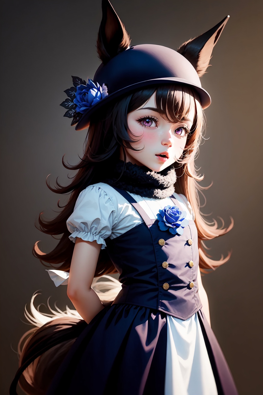 rice_shower_(umamusume),horse_girl,1girl,solo,hair_over_one_eye,horse_tail,open_mouth,blush,looking_at_viewer,blue_rose,hat_flower,tilted_headwear<lora:rice_shower_(umamusume):1>,simple background,white backgroundmasterpiece,best quality, highly detailed, 