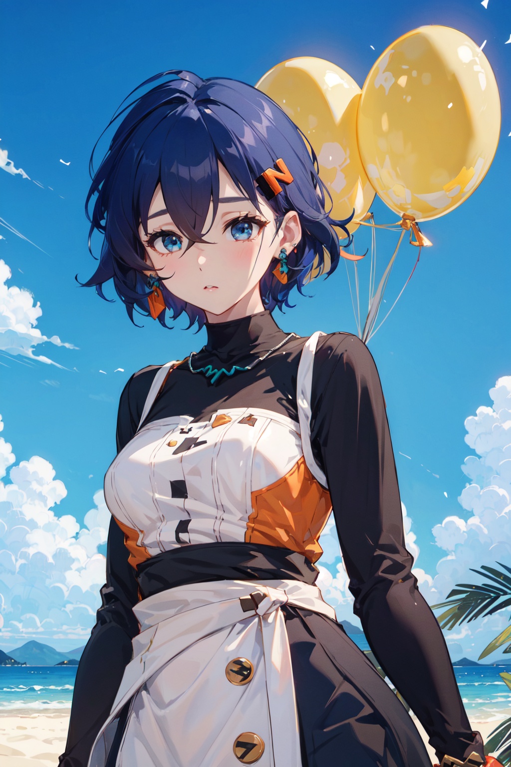 <lora:Belle-000018:0.8>,Belle CYQL,1girl,looking at viewer,solo,blue hair,short hair,hair between eyes,blue eyes,jewelry,hair ornament,hairclip,earrings,Wrap front midi dress with balloon sleeves,teasing_smile,upper_body,Amidst the endless expanse of sand dunes, a verdant oasis emerges as a miraculous haven, with trickling springs and swaying date palms,beautiful detailed sky,beautiful detailed glow,posing in front of a colorful and dynamic background,masterpiece,best quality,beautiful and aesthetic,contrapposto,female focus,wallpaper,