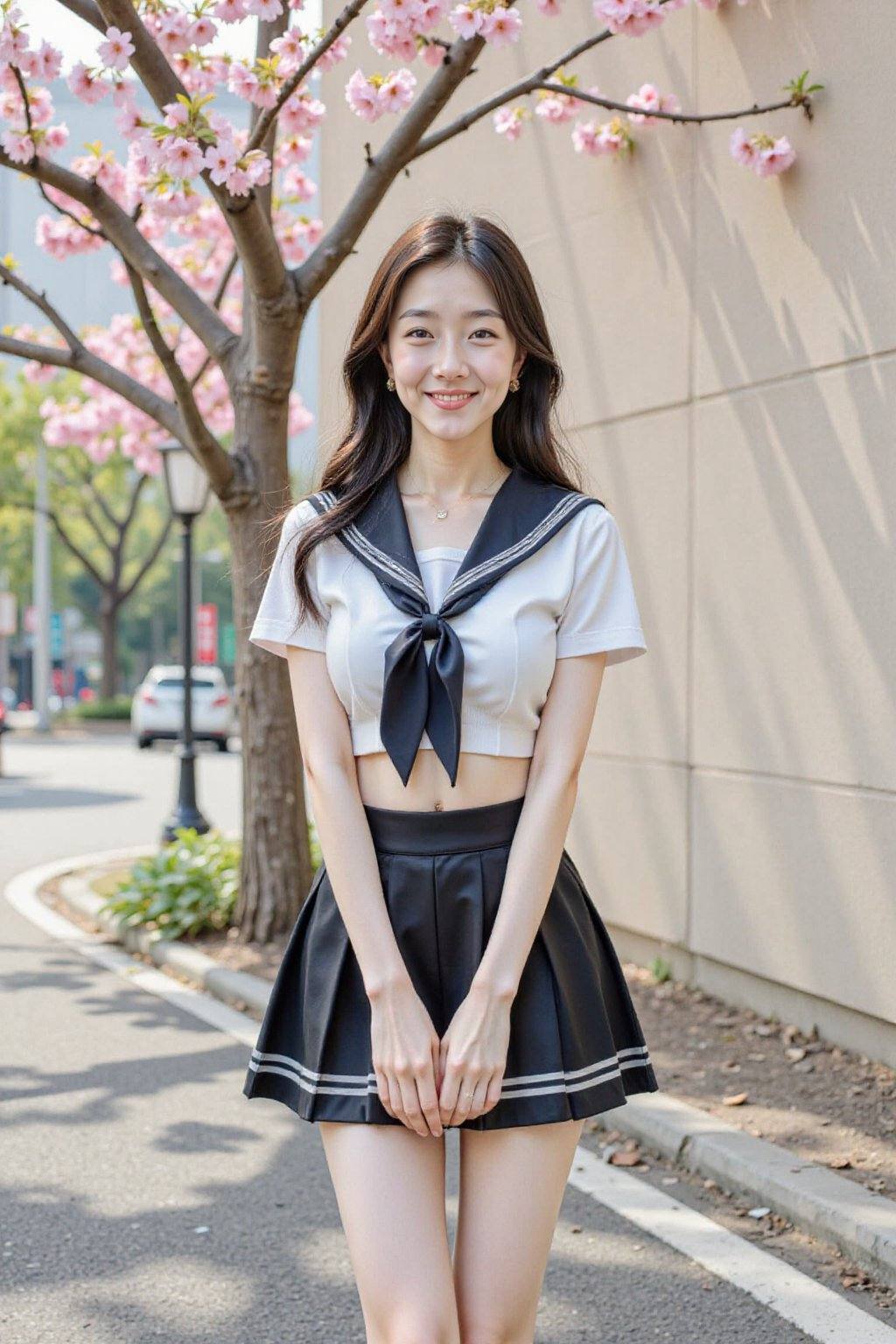 A young Asian woman,  likely in her early twenties,  stands centered in the frame. She wears a white sailor-style crop top...