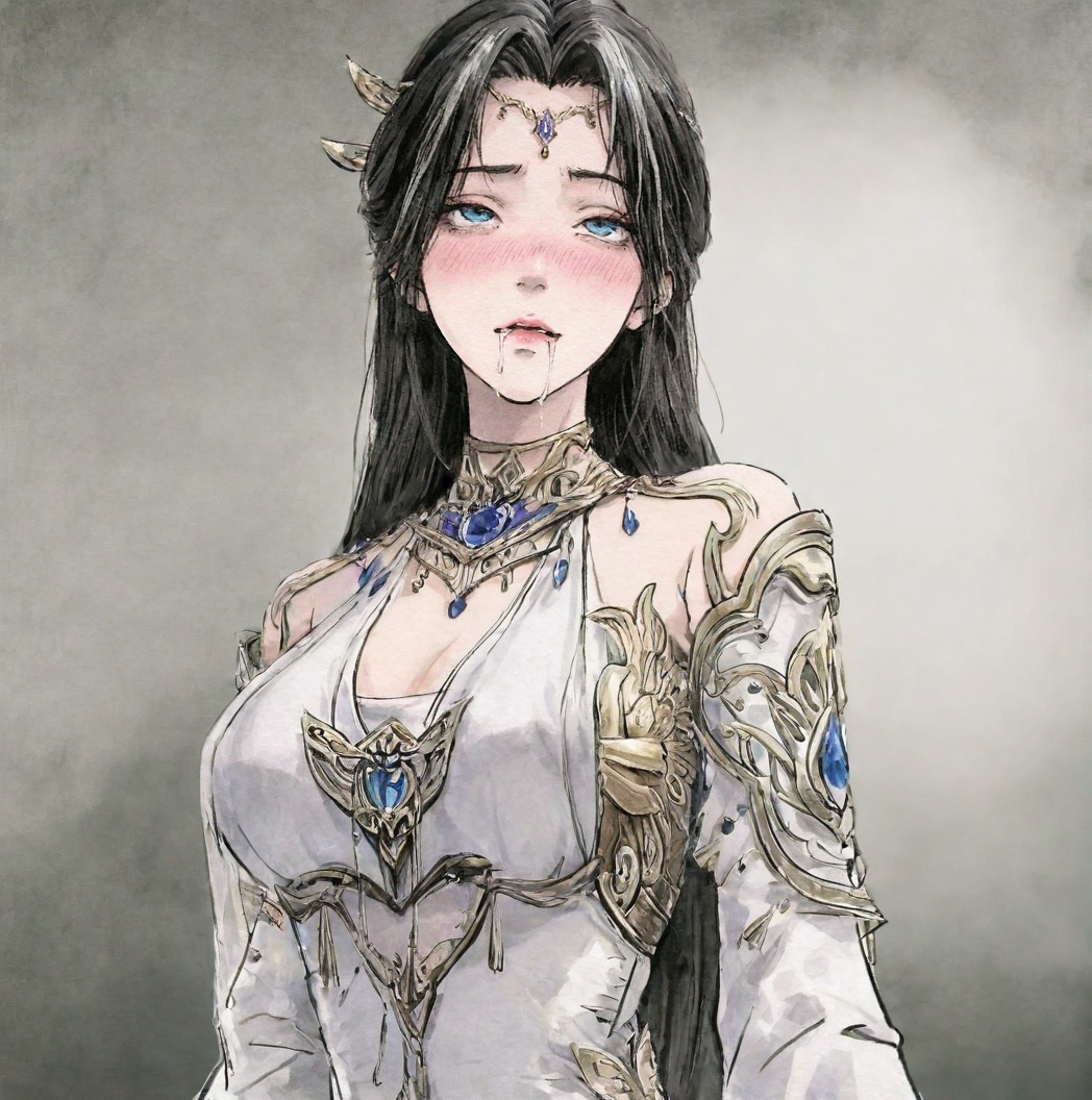 ((very awa)),solo,highly detailed,(best quality),((masterpiece)),1girl,chi,<lora:chi正则100nbXL:0.7>,painting \(medium\),watercolor \(medium\),ge,<lora:鸽正则nbXL:0.3>,<lora:魔女完美nbXL:0.7>,monv,long hair,black hair,dress,hair ornament,white dress,upper body,blue eyes,detached sleeves,drooling,rolling_eyes,blush,drooling,