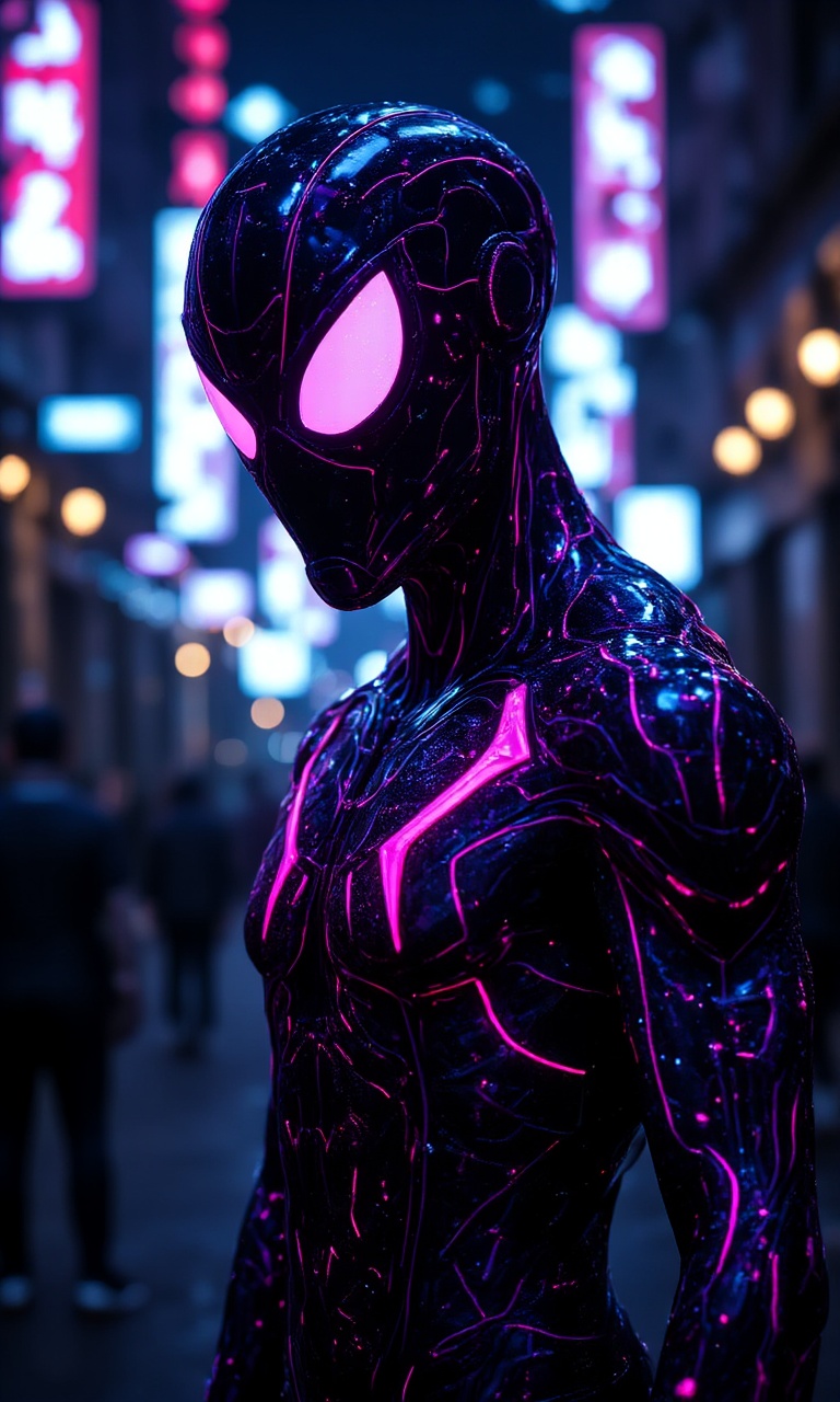 JMstyle-CGI,A highly detailed digital artwork of a character from the Marvel Cinematic Universe, specifically Spider-Man, wearing a sleek, futuristic black and pink armored suit. The suit has a glossy texture and features intricate patterns and lines that glow with a neon pink light, creating a striking contrast with the dark background. The character's face is obscured by a high-tech mask with a large, angular eye piece that glows pink, giving the suit a high-tech and somewhat robotic appearance.The background is a blurred urban setting, likely at night, with neon lights and signs in various colors, including blue, purple, and pink, adding to the futuristic and cyberpunk atmosphere. The lighting is dramatic, with the character illuminated by a soft, cool light, while the background is more shadowy and darker.The character's physique is muscular and well-defined, suggesting a strong and agile body, fitting for a superhero. The overall style is a mix of realistic and stylized, with a focus on the sleek and futuristic design of the suit and the character's physique.The image is a high-quality digital painting with a high level of detail and realism, especially in the rendering of the suit's texture and the neon lights. The artist's signature is visible in the bottom right corner, indicating a professional and polished artwork.