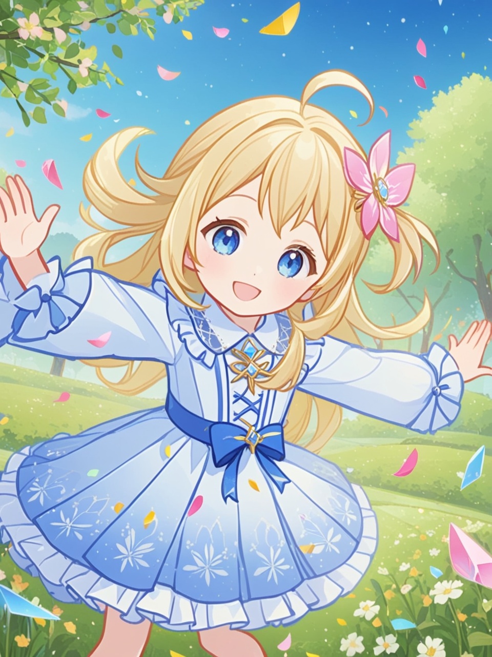 ((masterpiece)),(best quality),(beautiful detailed eyes),(ultra-detailed),(finely detail),(highres),((little female child)),two side up,detailed beautiful long blonde hair,pink ribbon,detailed beautiful blue eyes,white frilled dress,lace-trimmed,long sleeves,flower garden,wind,happy,laughing,confetti,petals,blue sky with clouds,(crystal trees:1.2),(detailed beautiful flowers:1),detailed beautiful background,<lora:gcg.xl-low-lr:0.7>,gcg,