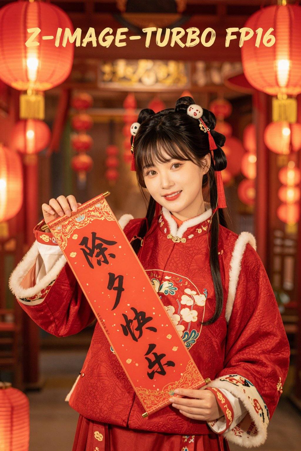 一位身着过年喜庆红色衣服的古装女子，服饰纹理精致细腻，她双手拉着一副写着除夕快乐的竖批。背景中悬挂着许多红色灯笼，营造出浓厚的节日氛围，灯光温暖，营造出一种温馨而欢乐的氛围，影视级别的效果，摄影风格，正面照，背景顶部有文本“Z-IMAGE-TURBO FP16”以金色半透明毛笔字体显示在顶部。
