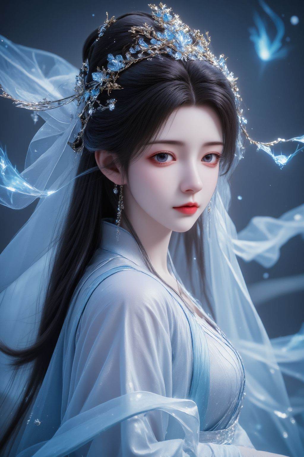 Cinematic photo a photograph of a woman with fair skin and long black hair,blue and white hanfu, <lora:AgainAnimeGirlF1Lora10_v2:1>