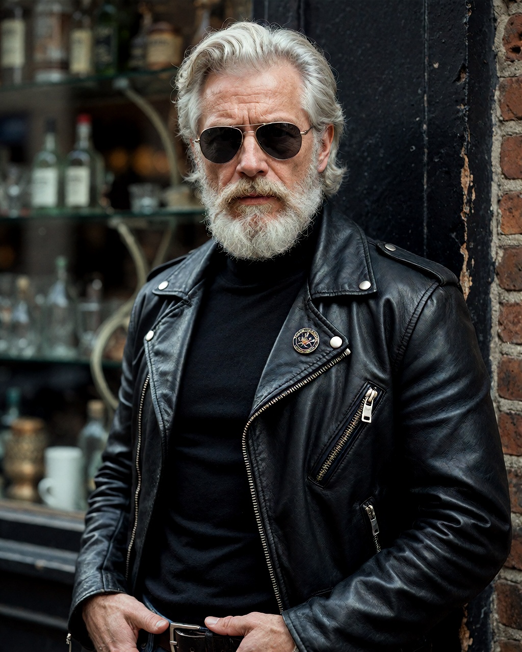 A ruggedly handsome older Caucasian man,  precisely aged 68 years old,  stands confidently against a weathered urban backd...