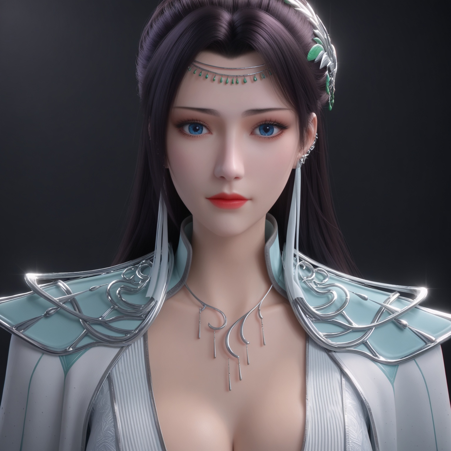 1girl,solo,<lora:ponyyunyunzzfzV1:0.8>,score_9,black_hair,long_hair,jewelry,breasts,earrings,dress,hair_ornament,necklace,cleavage,realistic,blue_eyes,BREAK score_9,upper_body,portrait,shiny_skin,looking at viewer,cinematic lighting,volumetric lighting,solo focus,(huge breasts:0.9),(simple background,pure black background,black background:1.1),