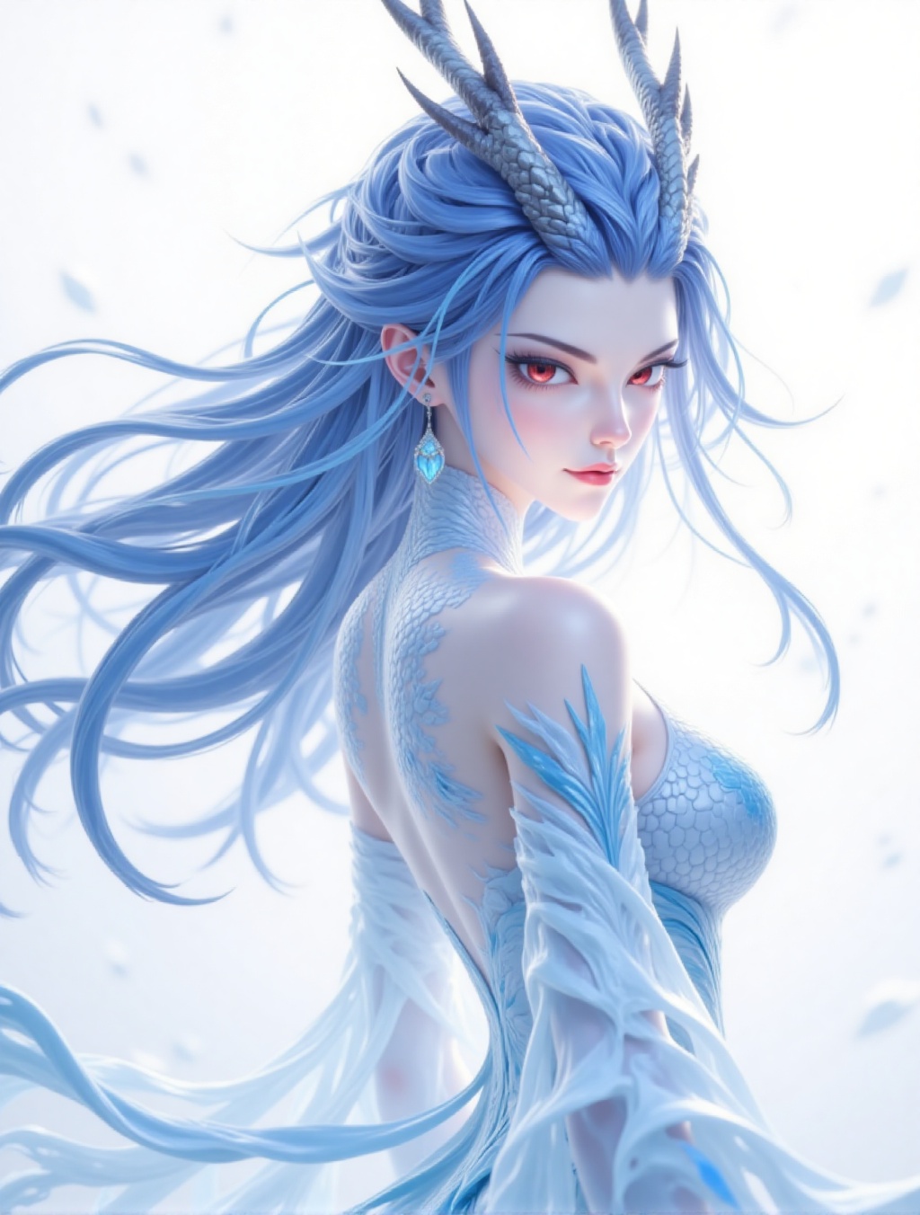 ar,This image depicts a female character full of mystery and fantasy. She has long,ice-blue hair that flutters in the wind,making her look light and agile. The color of her hair seemed **** cold ice in winter,shining with a cold and clear light. There was a pair of silver-colored dragon horns on her forehead. Her eyes were red,as if they were deep flames,revealing an unspeakable mystery. This contrast between red and blue further emphasized her unique temperament and charm. This female character was wearing a transparent white costume decorated with delicate blue patterns and lines. These patterns and lines were **** flowing water waves,giving people a light and elegant feeling. The material of the costume looked light and transparent,as if it was **** up of water elements,complementing her overall image. Her back has textures similar to fish scales,which are staggered to add a sense of movement and layers. This design not only makes her image more three-dimensional and vivid,but also gives the impression that she is a mysterious creature from the deep sea. Overall,this image presents a cool-toned fantasy style. The color scheme of the image is harmonious and unified,giving people a tranquil and mysterious feeling. The image of the female character is unique and charming,which makes people can't help but indulge in this world full of fantasy and romance.,