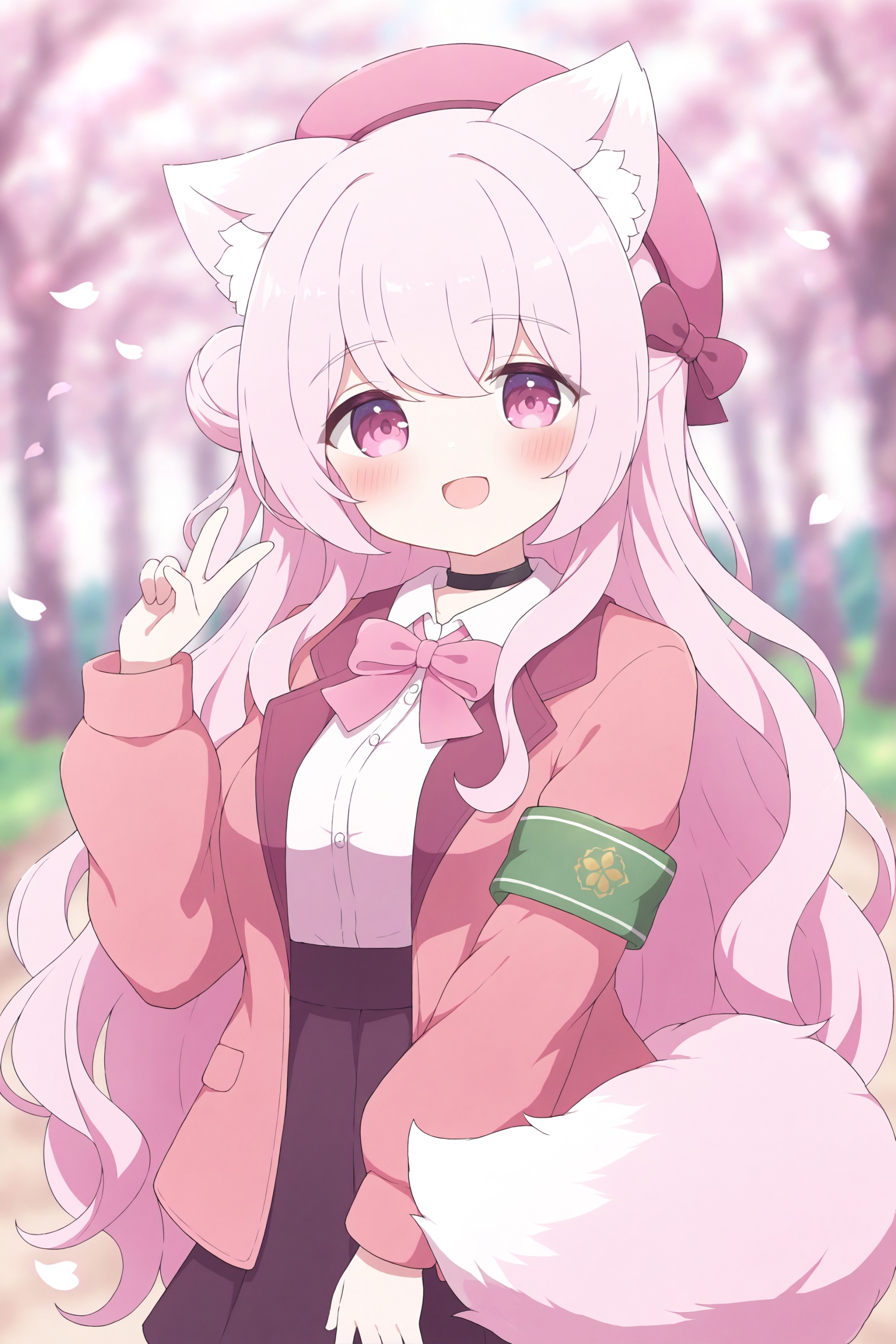 1girl, solo,fox girl, fox ears, pink ears, fox tail, pink tail, fluffy tail, pink hair, very long hair, pink eyes, petite, wavy hair, curly hair, tareme, sidelocks, half_updo, large breasts, 1girl, solo, looking at viewer, blush, smile, open mouth, long sleeves, beret, pink headwear, black choker, choker, bowtie, pink bowtie, collared shirt, pink jacket, open jacket, open clothes, armband, single side bun, hair bun, upper body, cherry blossoms, petals, depth of field, blurry foreground, blurry background, spring \(season\), pink theme, v,years2025, very aesthetic, masterpiece, best quality, ultra-detailed, high contrast, huge filesize,<lora:Sora-TYC-XL-v1:0.85>