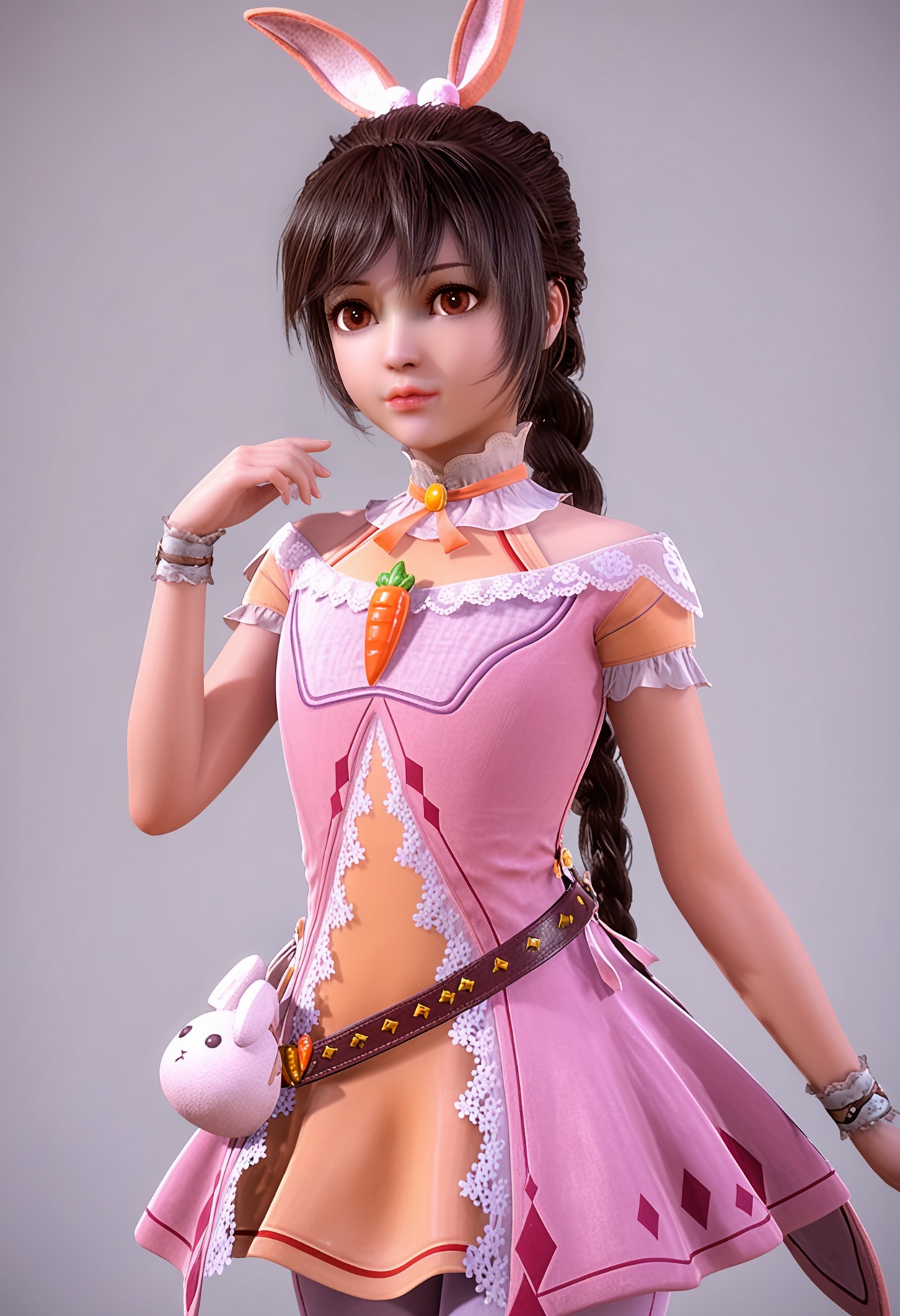 score_9,high detail,best quality,shiny skin,shiny,xiaowuyn,1girl,solo,brown eyes,dress,rabbit ears,single braid,pink dress,white background,brown hair,belt,carrot,long hair,breasts,choker,jewelry,realistic,hair ornament,bag,simple background,looking_at_viewer,cowboy shot,<lora:QQSponyxiaowuynV1:0.8>,<lora:Pony_DetailV2.0:0.8>,<lora:皮肤凹痕:0.1>,