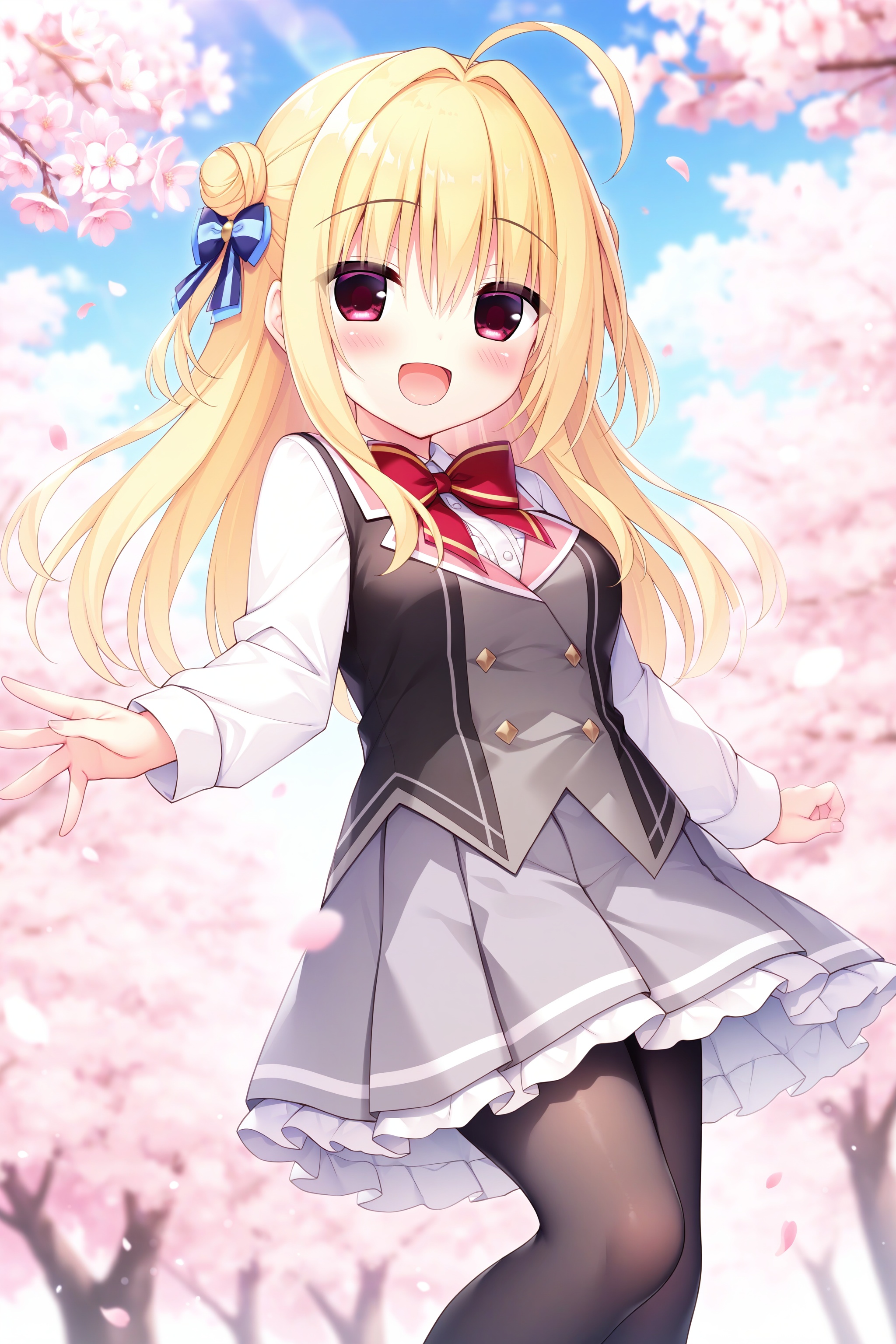 quality,amazing quality,very aesthetic,absurdres,1girl,hiy,solo,skirt,blonde hair,pantyhose,cherry blossoms,open mouth,blush,smile,bow,outdoors,grey skirt,frills,looking at viewer,long sleeves,red bow,pleated skirt,:d,bowtie,black pantyhose,bangs,shirt,day,white shirt,red bowtie,hair intakes,red eyes,petals,school uniform,hair between eyes,ribbon,vest,blurry,long hair,medium breasts,hair bow,hair bun,double bun,ahoge
