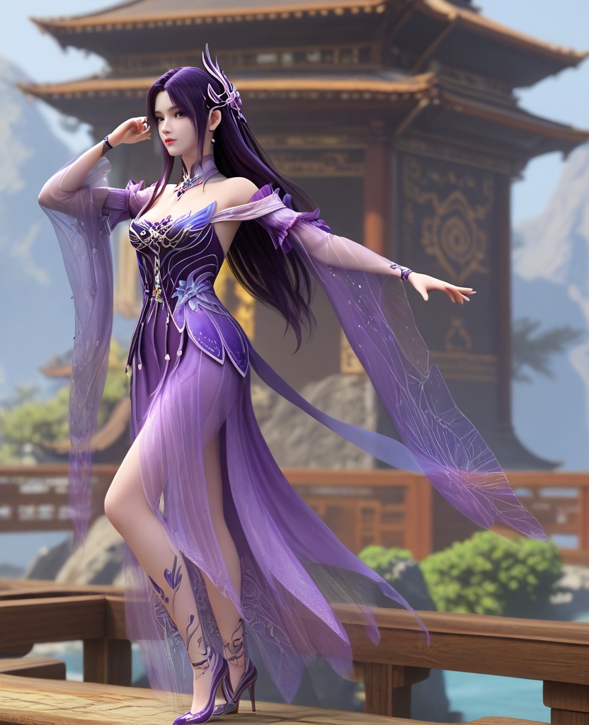 (oriental architecture, elegant decor, sophisticated style:1.1),(Standing, one foot raised, balancing,:1.1),looking at viewer,(breasts:1.2),<lora:XL16斗破苍穹小医仙黑发斗尊:0.95>,miss xiaoyixian,purple dress,rufous eyes,dark purple hair,half-up braid with long cascading hair,hair ornament,bare shoulders,detached collar,wide flowing sleeves with sheer fabric,earrings,jewelry,purple sheer fabric petticoat,sash,spiral foot decoration,purple high heels,, score_9,score_8_up,score_7_up,score_6_up,score_5_up,score_4_up,3d rendering,tag1,tag2, Cinematic Lighting,backlighting,, zPDXL3, zPDXL2,zPDXL, zPDXLxxx, zPDXLrl,