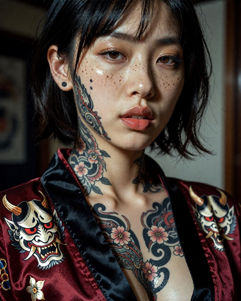 Hyperrealistic portrait in cinematic lighting,  featuring an Asian woman aged 24 years old with sharp,  defined facial str...