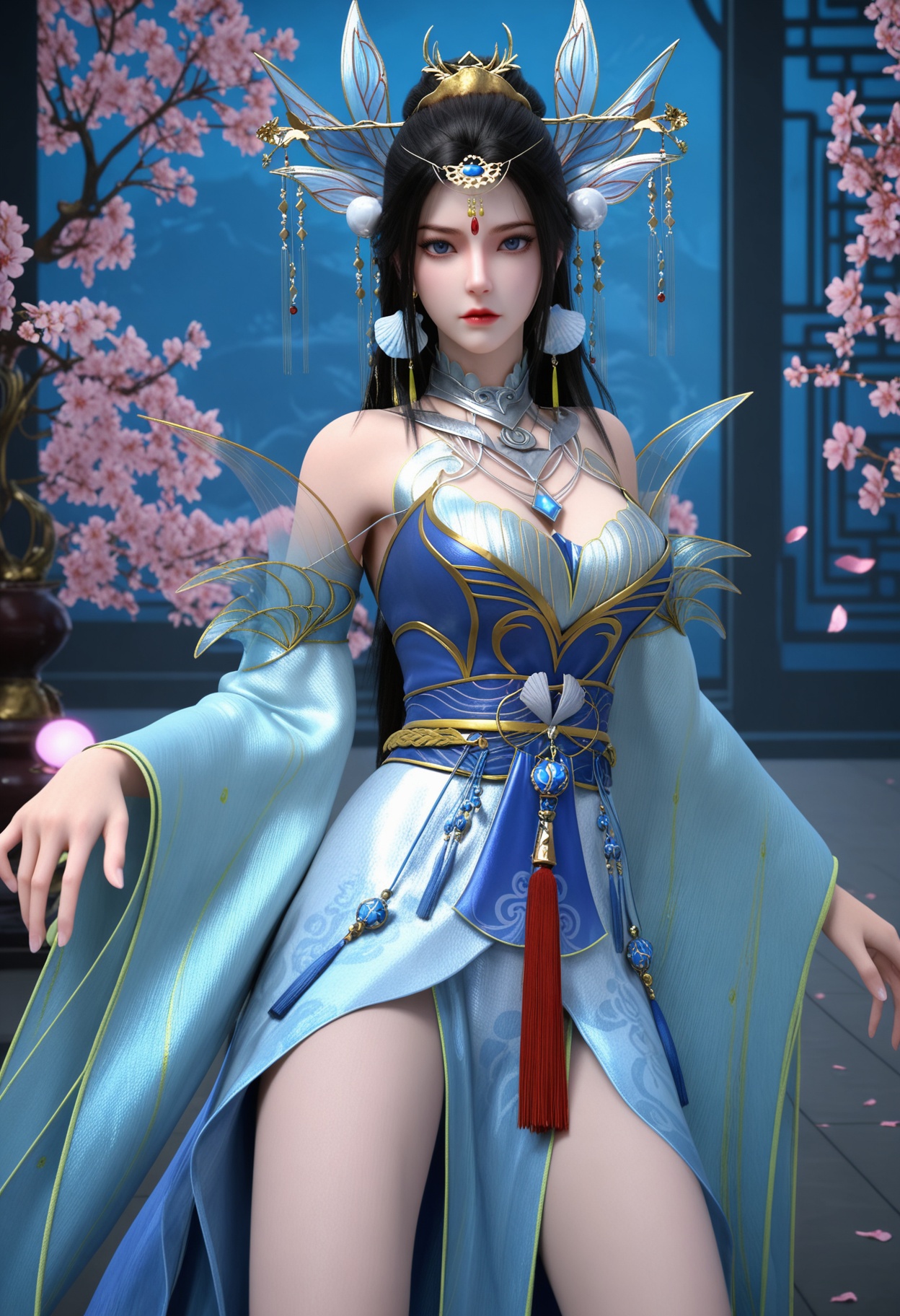 (cowboy shot:1.2),(looking at viewer:1.1),masterpiece,(best quality),smog,Dark room,dim lighting,peach blossom,falling petals,<lora:YQ_Illustrious光辉v5_楚宣_V1:0.8>,q1528437228,1girl,solo,hair ornament,black hair,long hair,jewelry,dress,earrings,blue dress,chinese clothes,detached sleeves,blue eyes,sash,necklace,high heels,hair bun,tiara,blue footwear,brown hair,forehead mark,wide sleeves,long sleeves,pantyhose,ponytail,detached collar,collar,thighs,gold footwear,