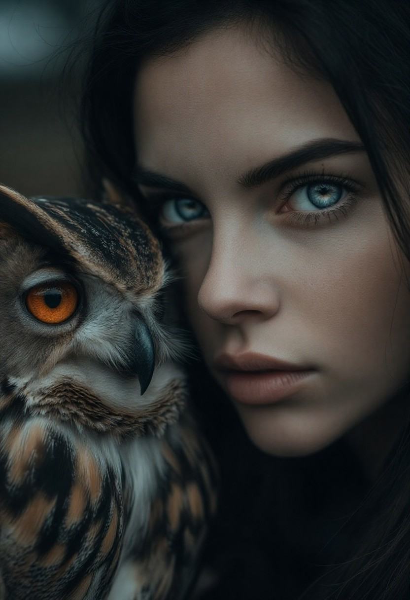 a close-up,  artistic portrait featuring a woman and an owl. The composition is tightly framed,  focusing on the woman's f...