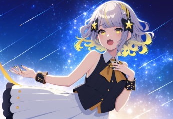 (best quality), ((masterpiece)), (highres), illustration, original, extremely detailed,  <lora:好き物语:0.7>1girl, sleeveless, wrist cuffs, solo, virtual youtuber, open mouth, black shirt, yellow eyes, bare shoulders, shirt, multicolored hair, sleeveless shirt, sky, bangs, looking at viewer, grey hair, star \(sky\), hand up, hair ornament, skirt, blonde hair, starry sky, two-tone hair, white skirt, nail polish, shark, dress, sleeveless dress, collared shirt, hand on own chest