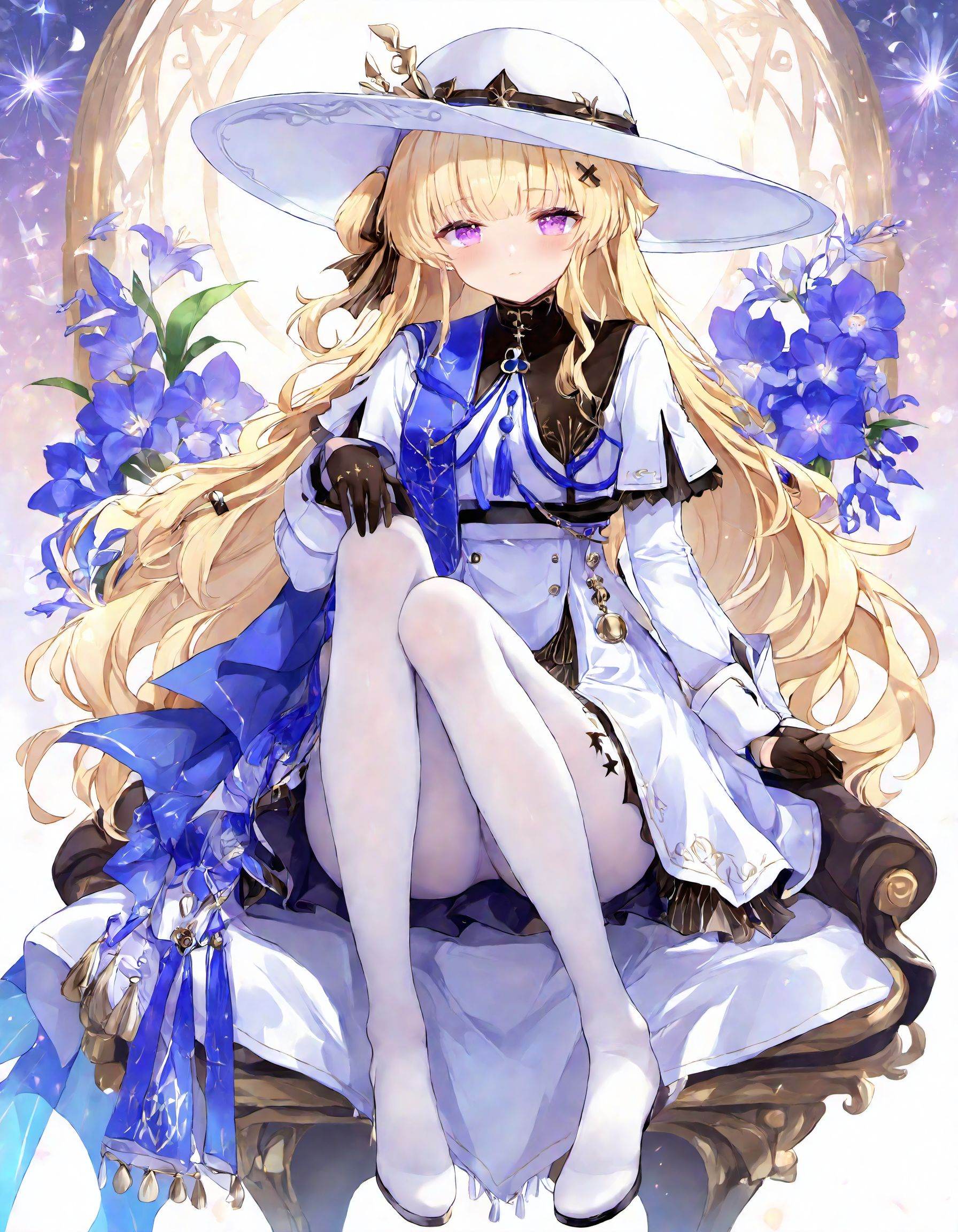1girl, fb, solo, pantyhose, hat, white pantyhose, gloves, sitting, purple eyes, looking at viewer, dress, hair ornament, white headwear, bangs, blush, black gloves, flower, full body, long sleeves,<lora:ClearHand-V2:1>,<lora:通透世界transparent:0.5>,<lora:feibi:1>,