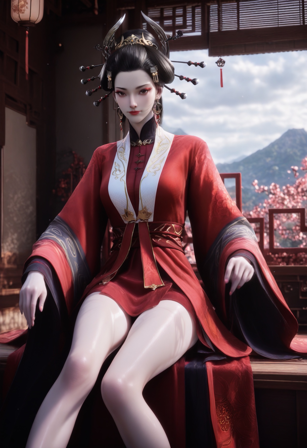 Yan_furen,1girl,black hair,looking at viewer,hair ornament,jewelry,brown eyes,earrings,hair stick,updo,hair pulled back,horns,hair stick,<lora:Yan_furen_10_illu-000010:0.75>,chinese clothes,wide sleeves,long sleeves,hanfu,red dress,photorealistic,hyperrealistic,<lora:realistic filter [IL]:1>,(pale skin:1.5),sitting,(very thin thighs,slim thighs,skinny,slender thighs:1.5),lantern,open window,looking at viewer,indoors,mountains,blossoms,flowers,east asian architecture,beautiful sunrise,warm ambient temperature,