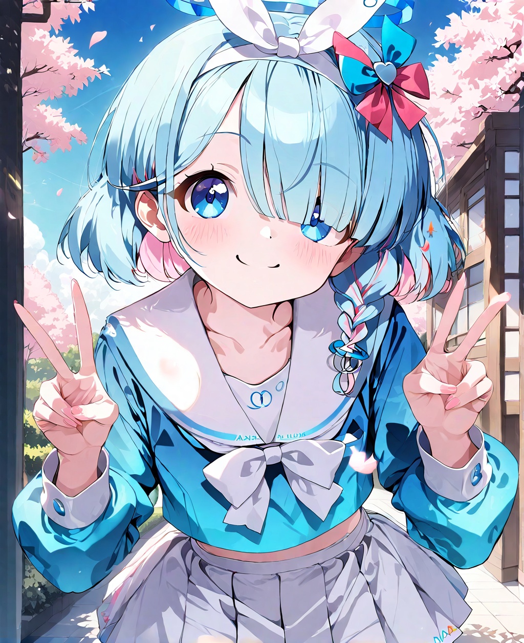 arona (blue archive),1girl,arona (blue archive),solo,skirt,v,double v,white skirt,smile,blue eyes,shirt,hair over one eye,blue hair,pleated skirt,halo,school uniform,bow,braid,long sleeves,white choker,sailor collar,cherry blossoms,white sailor collar,outdoors,white hairband,hairband,looking at viewer,pink hair,choker,blue shirt,white bow,bangs,multicolored hair,short hair,day,closed mouth,serafuku,cowboy shot,bowtie,petals,tree,collarbone,bow hairband,single braid,ribbon,blush,hair ribbon,white ribbon,eyes visible through hair,standing,two-tone hair,