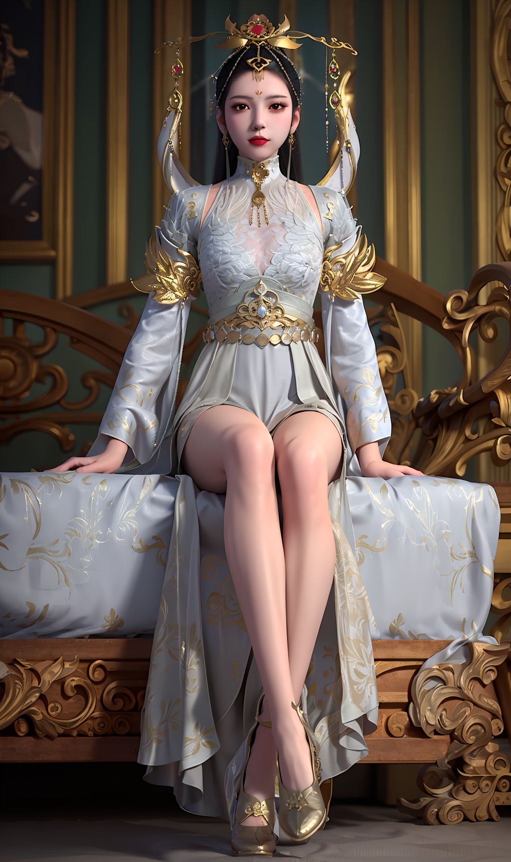 3D,masterpiece,(best quality),(makeup),official art, extremely detailed cg 8k wallpaper,((crystalstexture skin)), (extremely delicate and beautiful),(highly detailed),(face),(collar),(gold_trim),((tiara)),(headdress),feather,(facial_mark),(floating),(floating_object),gem,(princess0),(crown),(headpiece),(headdress),(cape),(horned_headwear),(long_sleeves),(1girl), (solo), (jewelry), (earrings),(black_hair),(long_hair),(hair_ornament),(handwear),(breasts),(sitting),((full_body,whole_body)),(closed_mouth),(long_skirt),(chinese_clothes),(dress),,(multicolored_clothes),(multicolored_dress),(shiny_clothes),(city,indoor,bed),(robe),,((looking_at_viewer)),((Facing the camera)),(shoes), (cloth_shoes),(flat_shoes), , <lora:hipoly3DModelLora_v10:0.3>