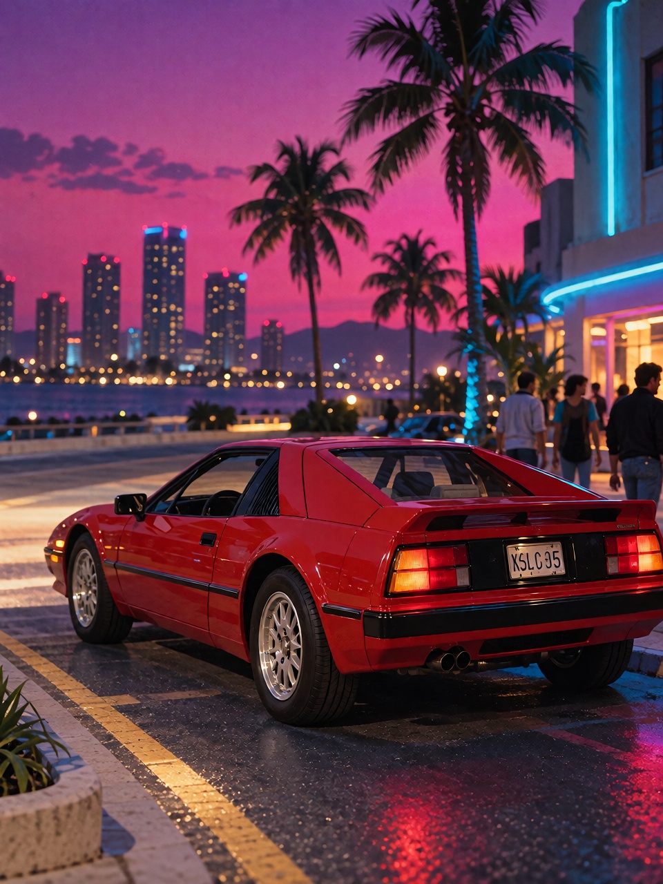 a synthwave album cover,  a red 1980s sports car driving along a neon-lit coastal highway at night,  palm trees on Tensor.Art
