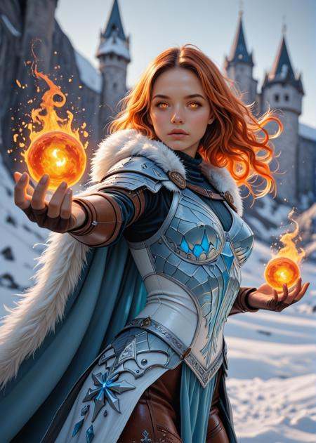Photo, masterpiece, best quality, dramatic angle, art by luis royo:1.5, epic fantasy art,A beautiful middle-aged woman with wavy orange hair, dressed in form-fitting leather armor with fur trim, conjures a fireball in the hand, Snowy castle battlement setting, dynamic action pose, snowflakes swirling around her, Intense expression, glowing eyes. intricate armor textures and vivid flame effects, background of a fantasy winter ice palace, intricate details, cinematic, good lighting, vibrant colors, (detailed, high quality texture), (sharp), (artistic image), 8K, detailed, dynamic, depth of field, intricate,