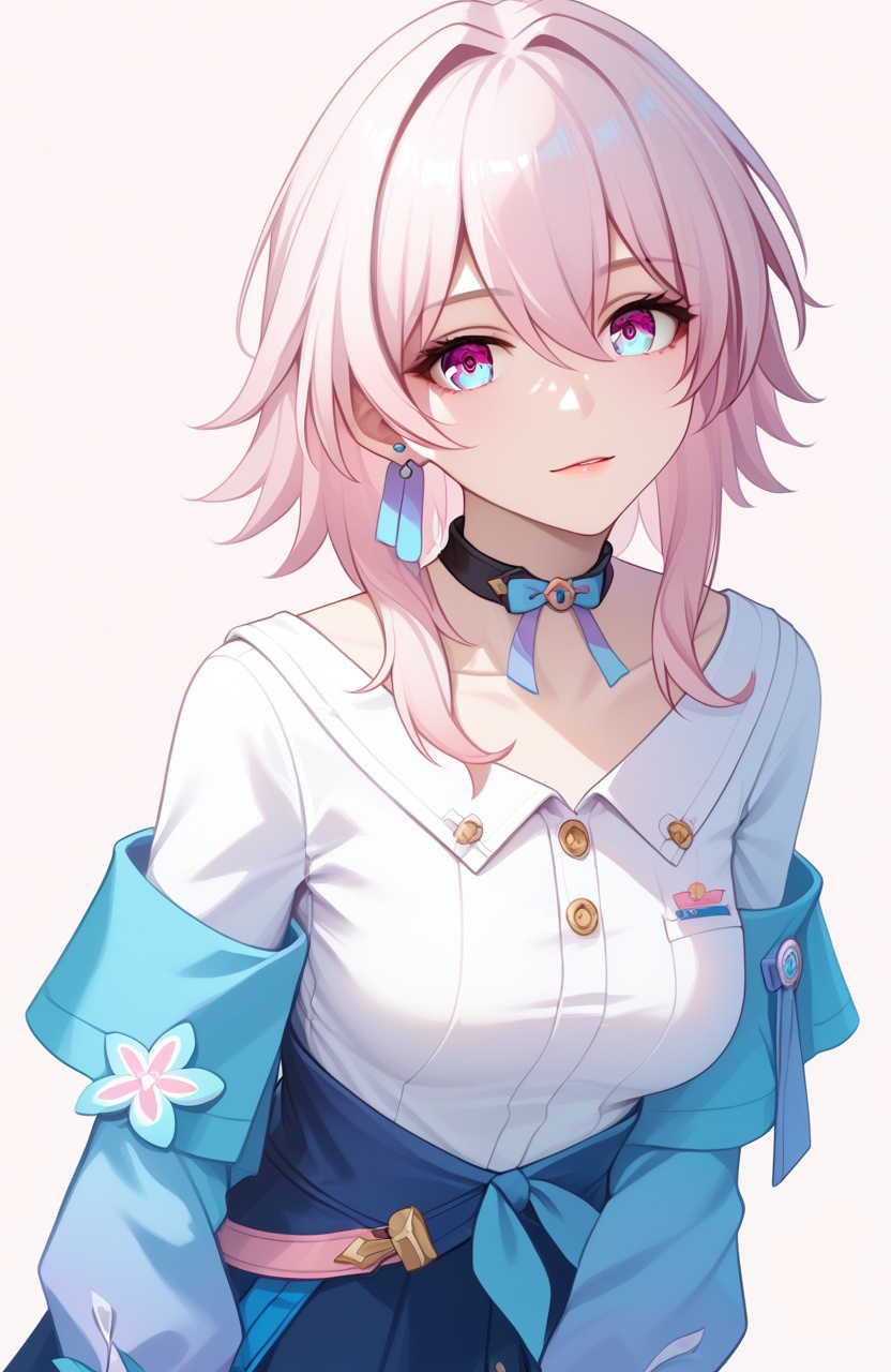<lora:三月七4pony:1>,march 7th (honkai: star rail),a girl named march 7th (honkai: star rail),1girl,solo,looking at viewer,long sleeves,white shirt,black choker,blue jacket,tied jacket,single earring,flower ornament,blue skirt,black corset,collarbone,detailed eyes,multicolored eyes,, (score_9,score_8_up,score_7_up),(masterpiece,best quality,high quality:1.2),absurdres, 4k, uncensored, prefect lighting, rating_explicit, very aesthetic, anime BREAK