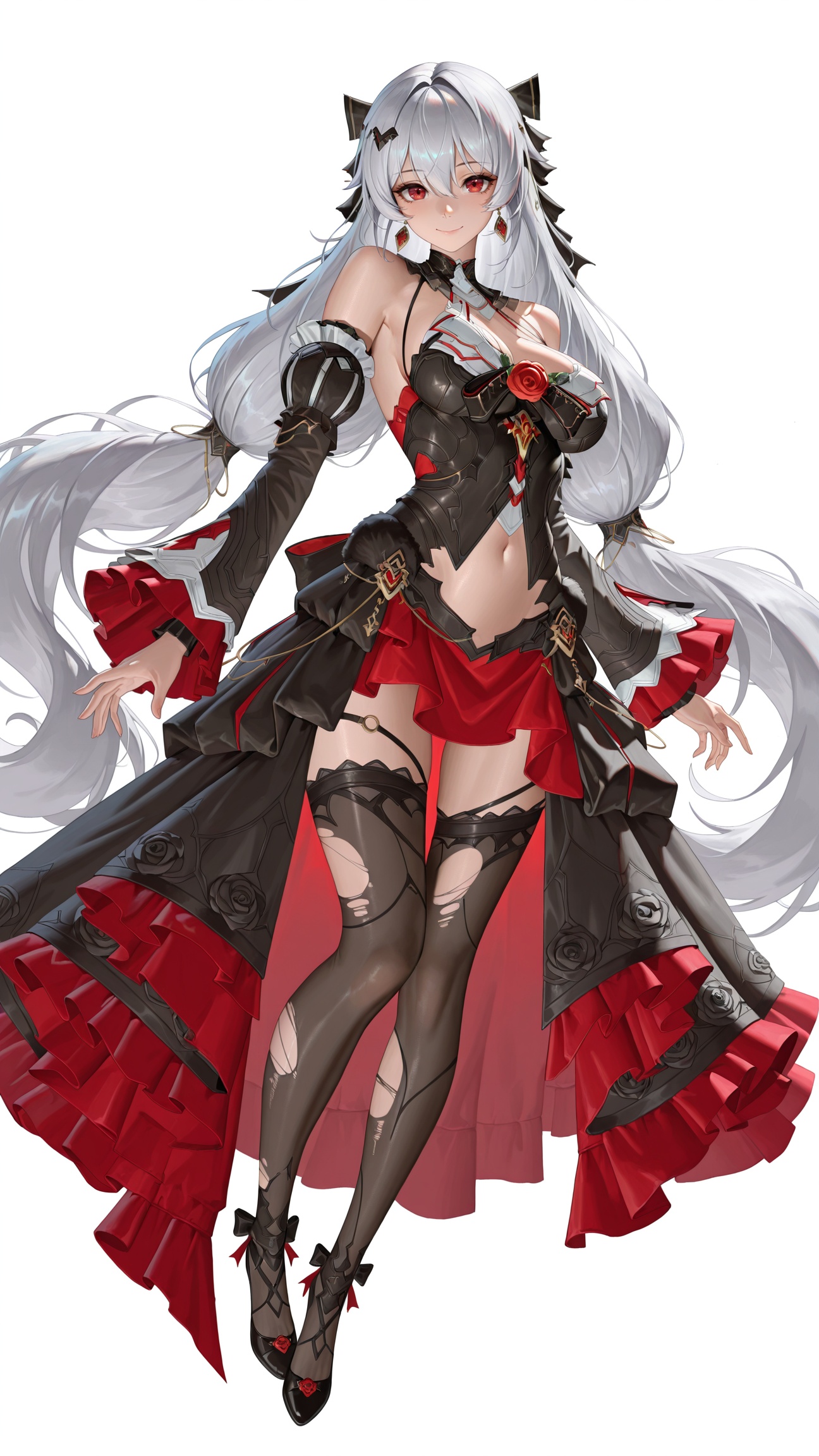 masterpiece,best quality,amazing quality,<lora:dayuexia:1>,<lora:20250808-1754650692631:0.8>,zhigan3d,dayuexia,1girl,solo,red eyes,long hair,full body,white background,dress,simple background,thighhighs,rose,hair ornament,black dress,flower,looking at viewer,red flower,red rose,closed mouth,bare shoulders,black footwear,grey hair,detached sleeves,earrings,long sleeves,hair bow,very long hair,jewelry,smile,black thighhighs,hair between eyes,black sleeves,torn clothes,white hair,torn thighhighs,bow,frills,
