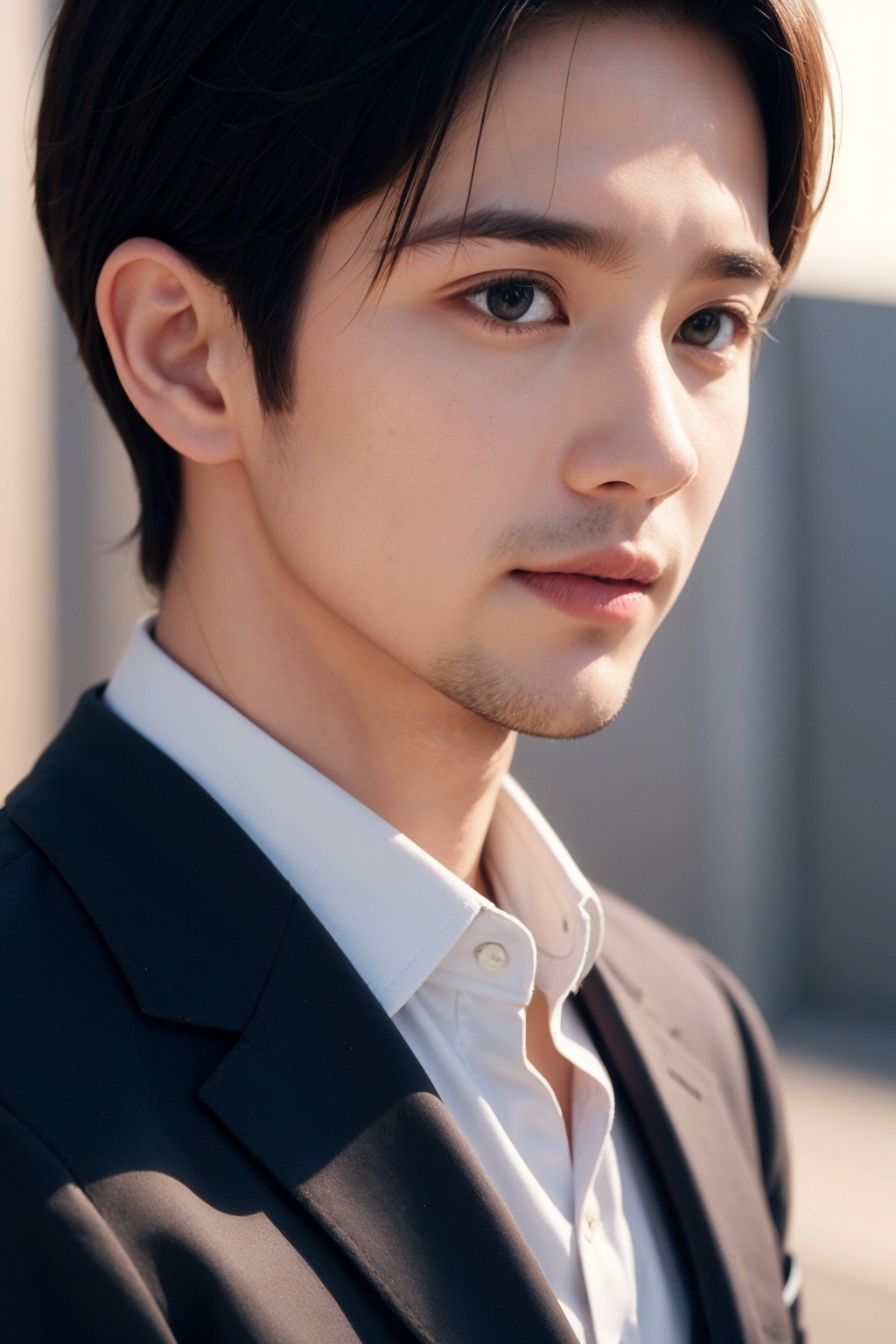 (1man:1.5),(male:1.5),(close up to face:1.2),(Collared shirt and blazer:1.4),<lora:AsianMan_3:0.8>,
