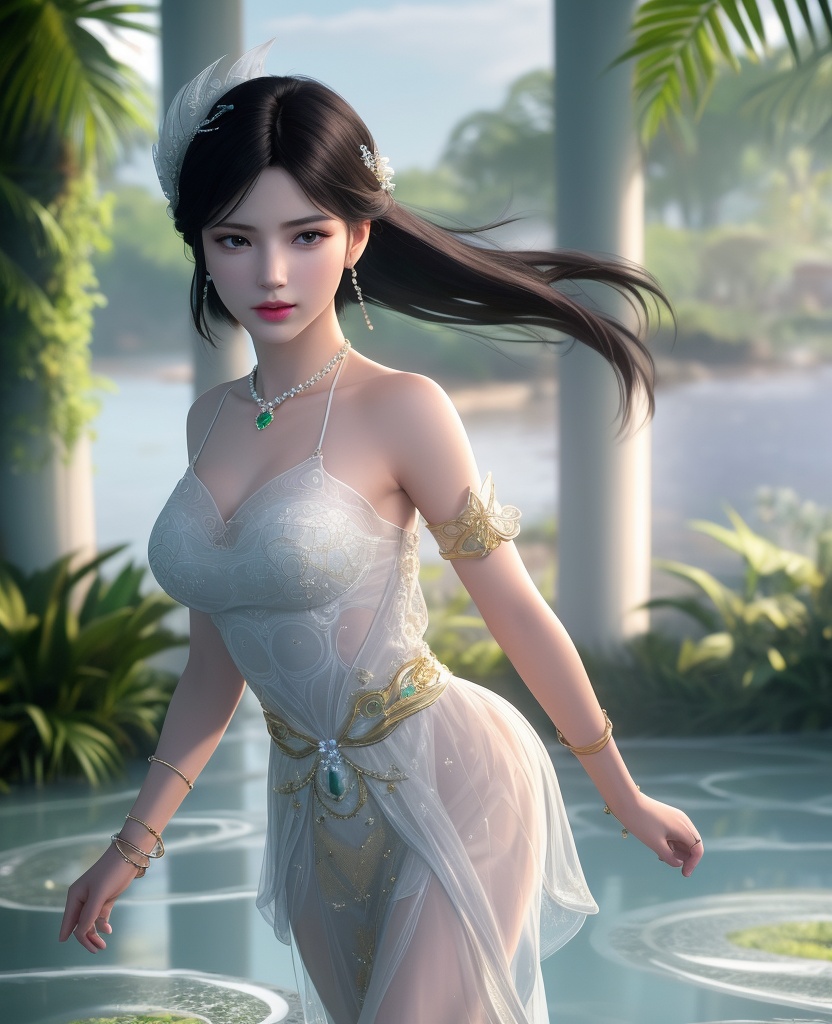<lora:597-DA-斗破苍穹-萧薰儿-三七分:0.8>(,1girl, ,best quality, ),looking at viewer,  ,ultra detailed background,ultra detailed background,ultra realistic 8k cg,, ,masterpiece,((((1girl, solo,  , solo focus, ,walking on liquid, ))))    (cleavage), (), ,ultra realistic 8k cg,   clean, masterpiece,     cinematic lighting, cinematic bloom, , (( , )),,  , unreal, science fiction, luxury, jewelry, diamond, gold, pearl, gem, sapphire, ruby, emerald, intricate detail, delicate pattern, charming, alluring, seductive, erotic, enchanting, hair ornament, necklace, earrings, bracelet, armlet,,